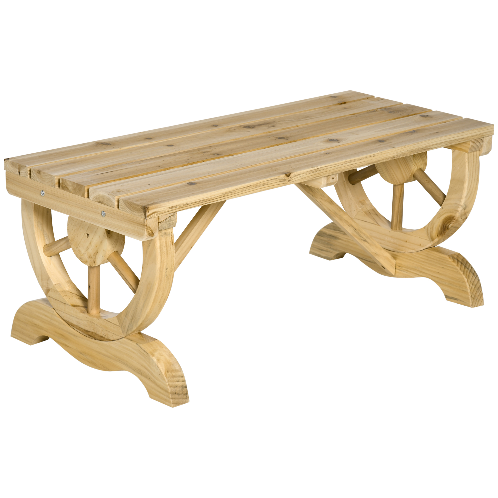 2-Person Garden Bench Rustic Wooden Outdoor Bench with Wheel-Shaped Legs Slatted Seat for Patio Natural Wood Effect - Life Essentials