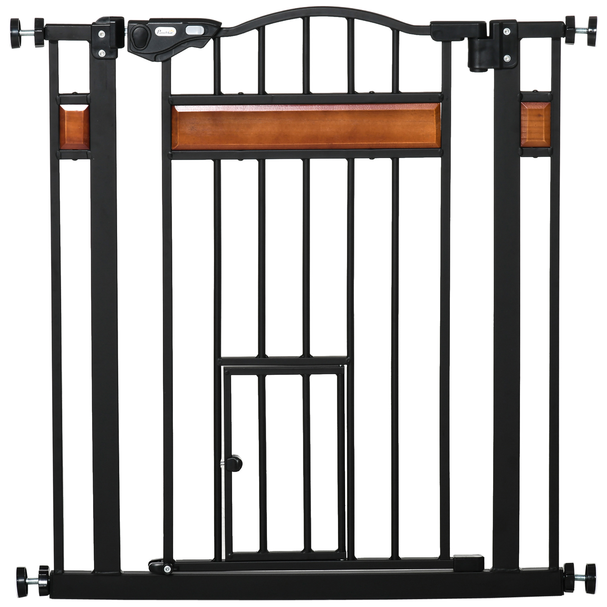 Dog Gate with Cat Door Pet Safety Gate, Auto Close Double Locking Pine Wood Decoration, for Doorways Stairs Indoor, 74-80 cm Wide, Black - Life 