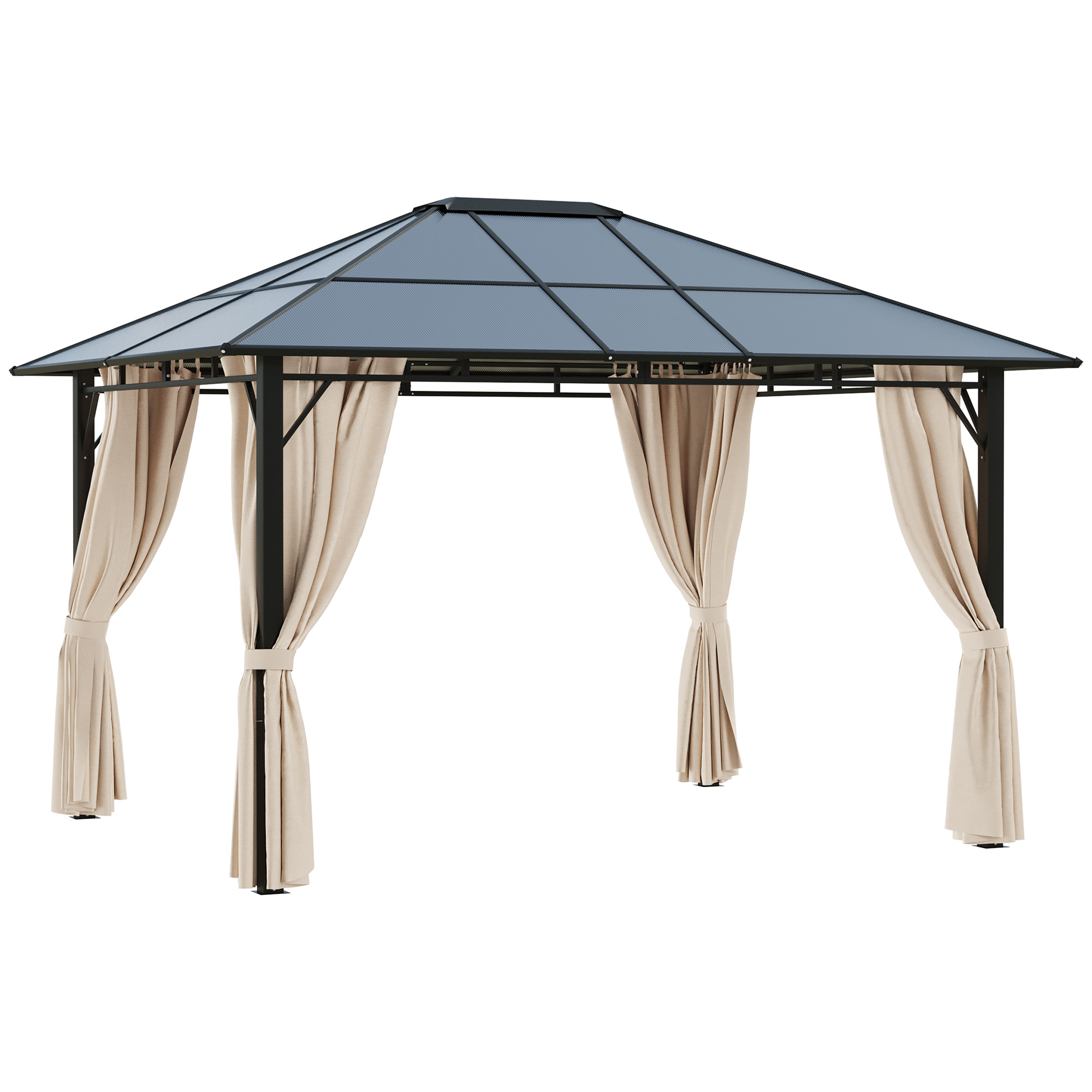 3.6 x 3M Hardtop Gazebo Canopy with Polycarbonate Roof Garden Pavilion with Removable Curtains and Steel Frame, Brown - Life Essentials