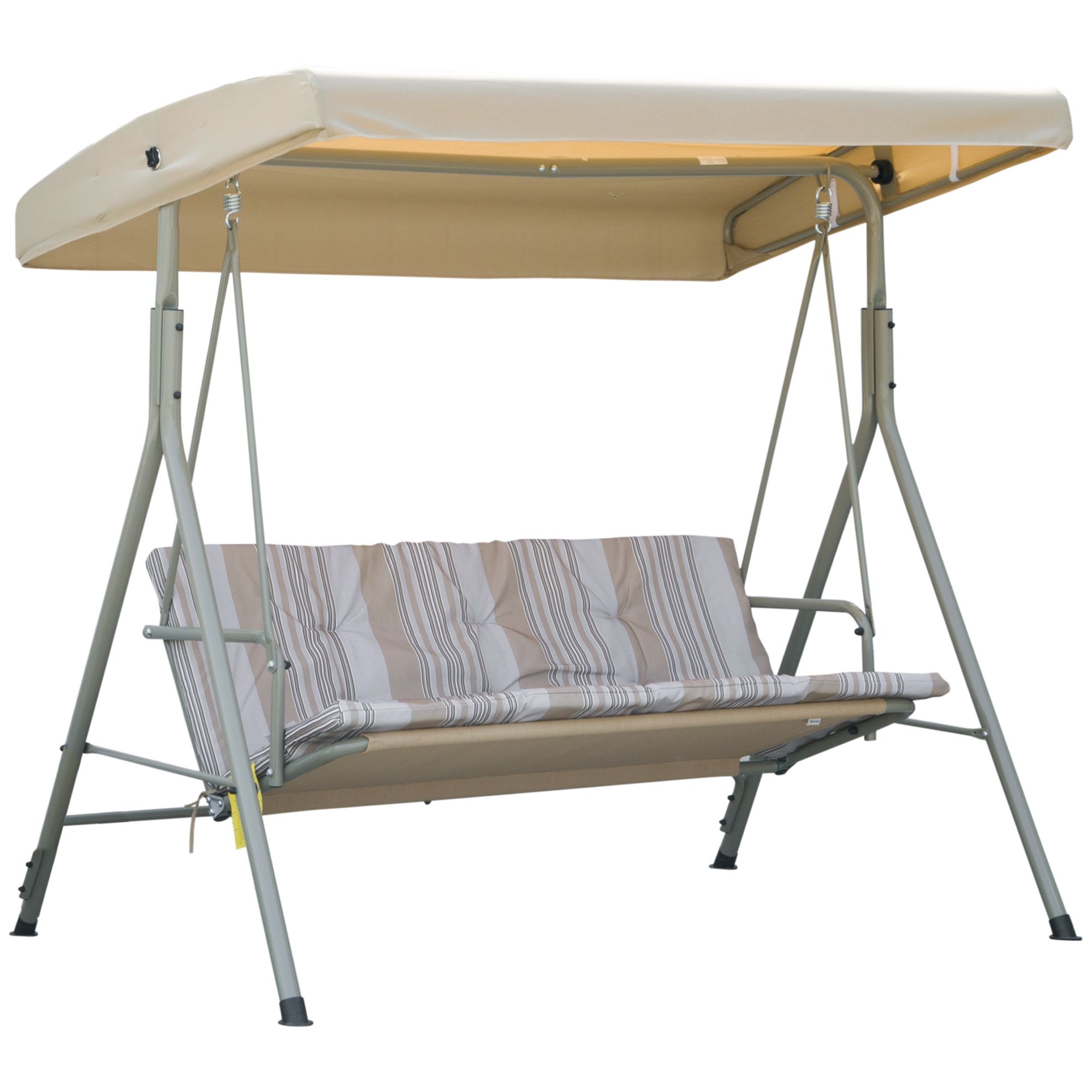 3 Seater Garden Swing Chair, Patio Rocking Bench with Tilting Canopy, Removable Cushion and Steel Frame, Light Brown - Life Essentials