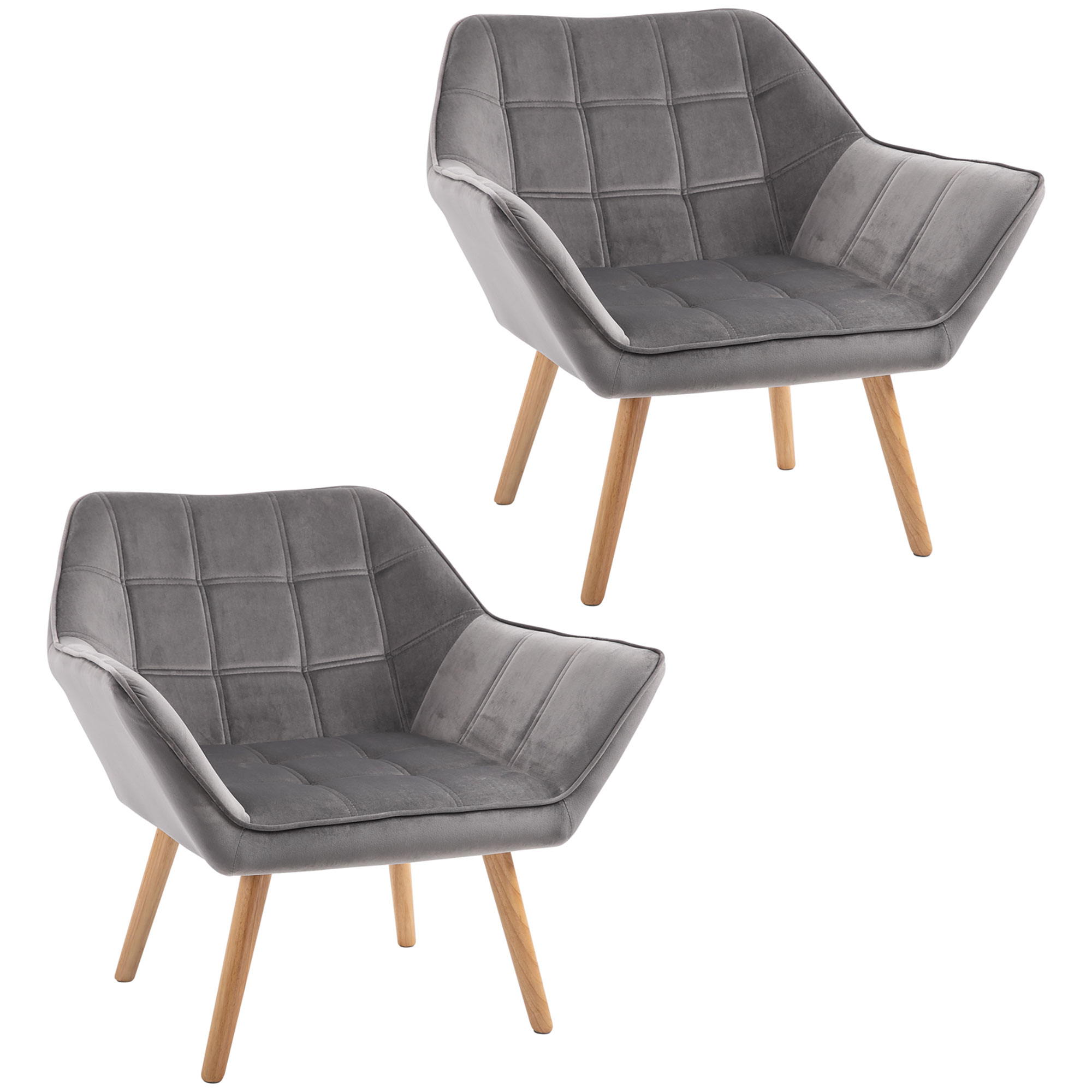 Armchair Accent Chair Wide Arms Slanted Back Padding Iron Frame Wooden Legs Home Bedroom Furniture Seating Set of 2 Grey - Life Essentials
