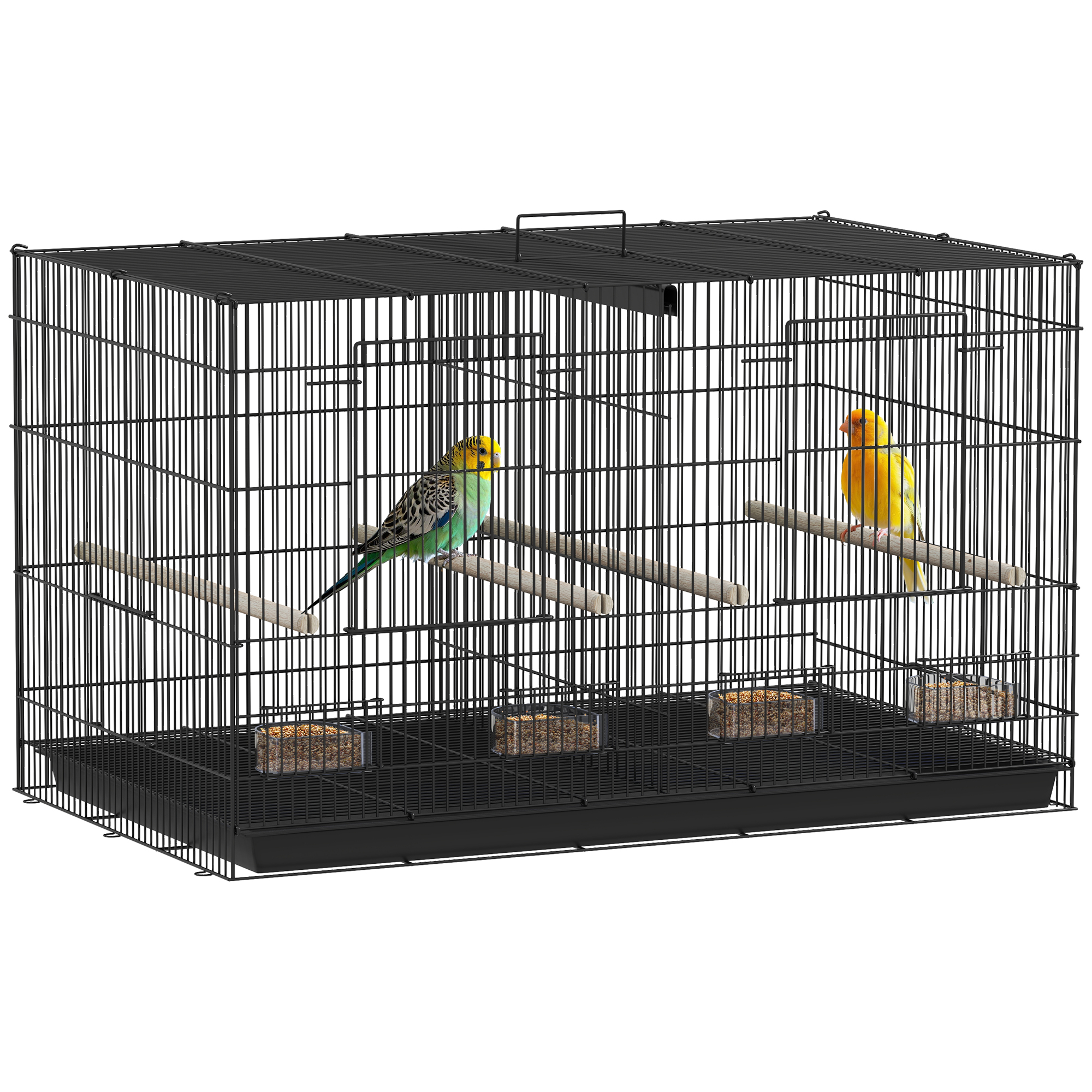 PAWSTER Bird Cage with Divider, 4 Wooden Perches, Slide Out Tray, 4 Feeders, for Budgie, Lovebird, Canary, 76 x 46 x 46cm, Black - Life Essentials