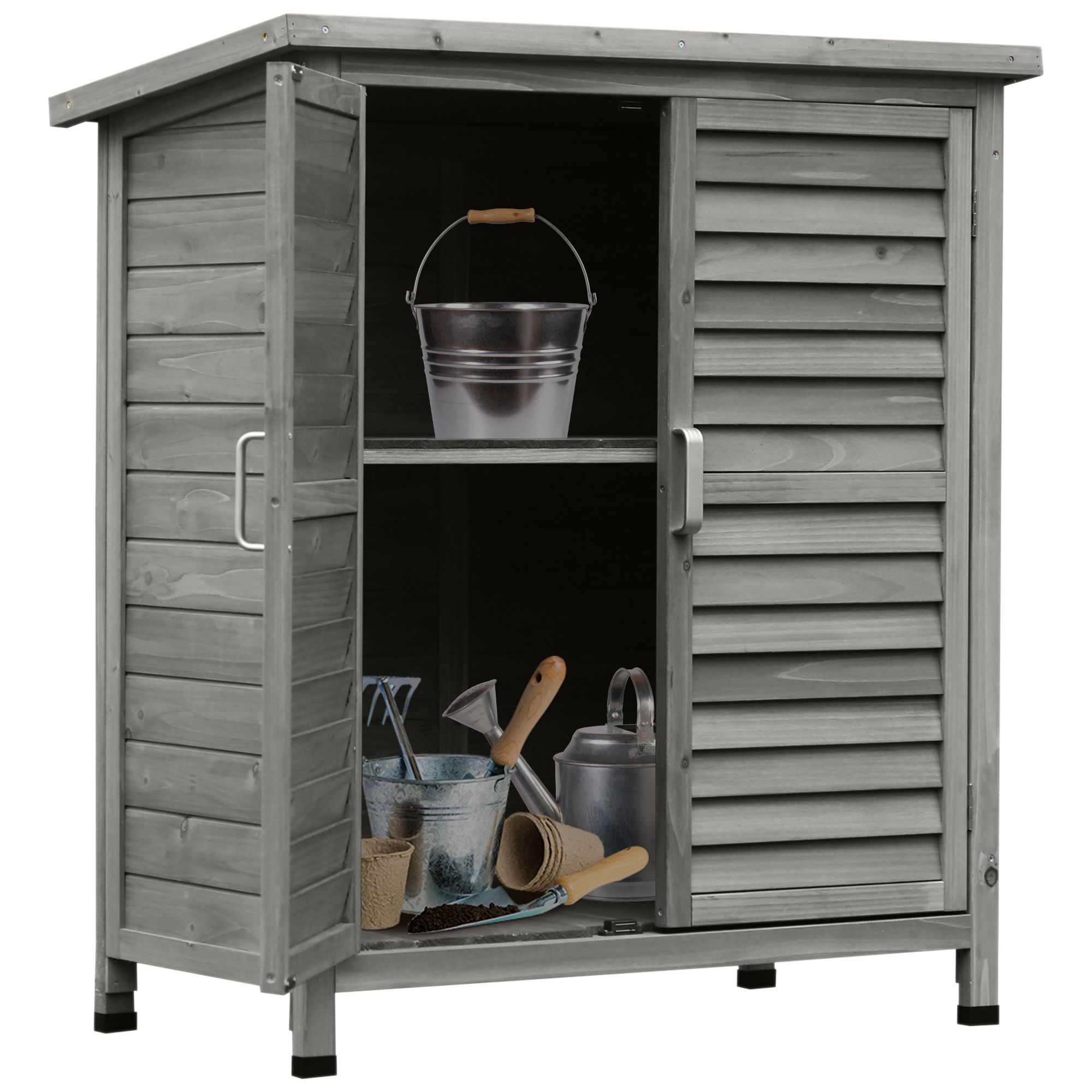 Garden Shed Wooden Garden Storage Shed 2 Door Unit Solid Fir Wood Garage Tool Organisation Cabinet, 87L x 46.5W x 96.5Hcm, Grey - Life Essentials