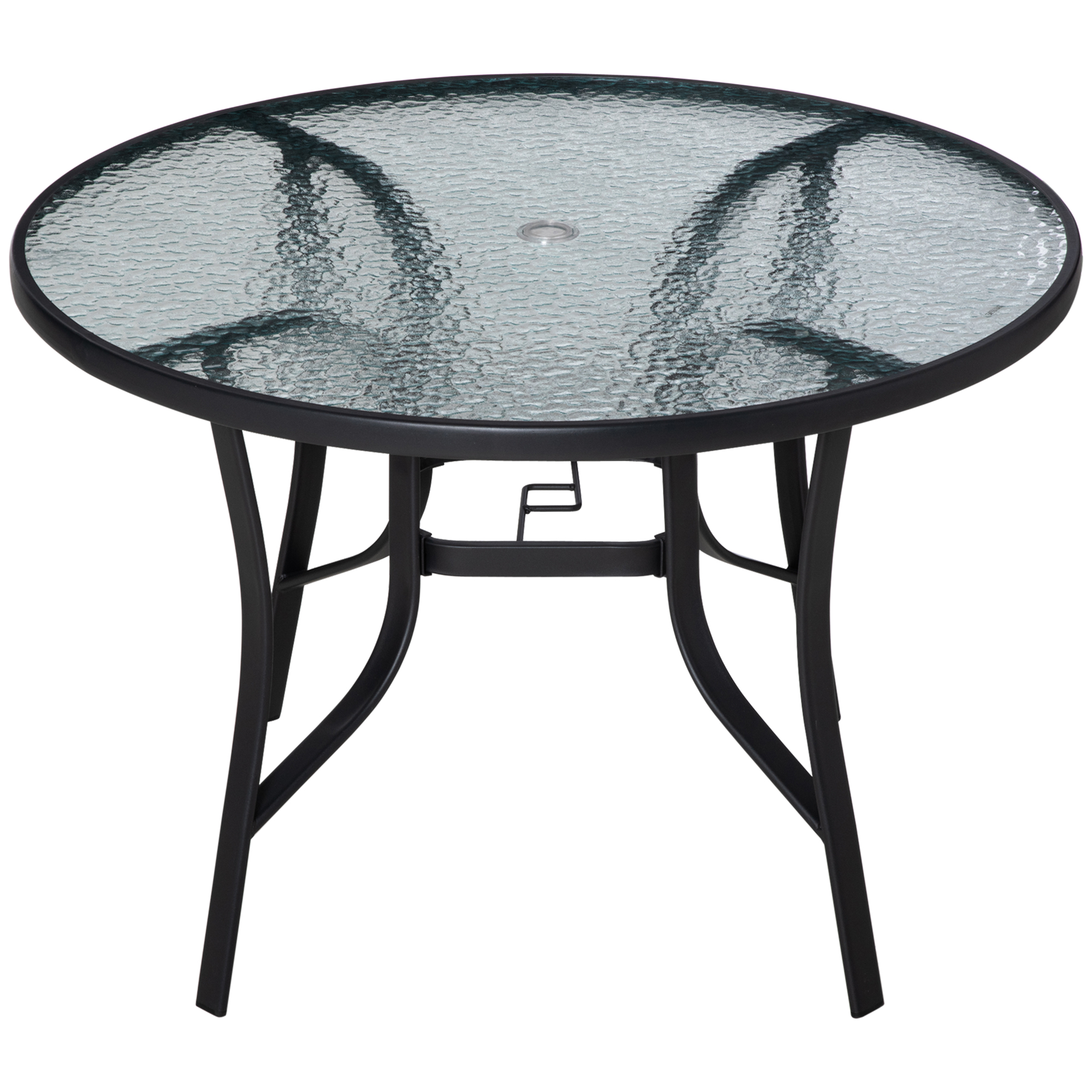106cm Round Garden Dining Table with Parasol Hole Tempered Glass Top Steel Frame - Life Essentials