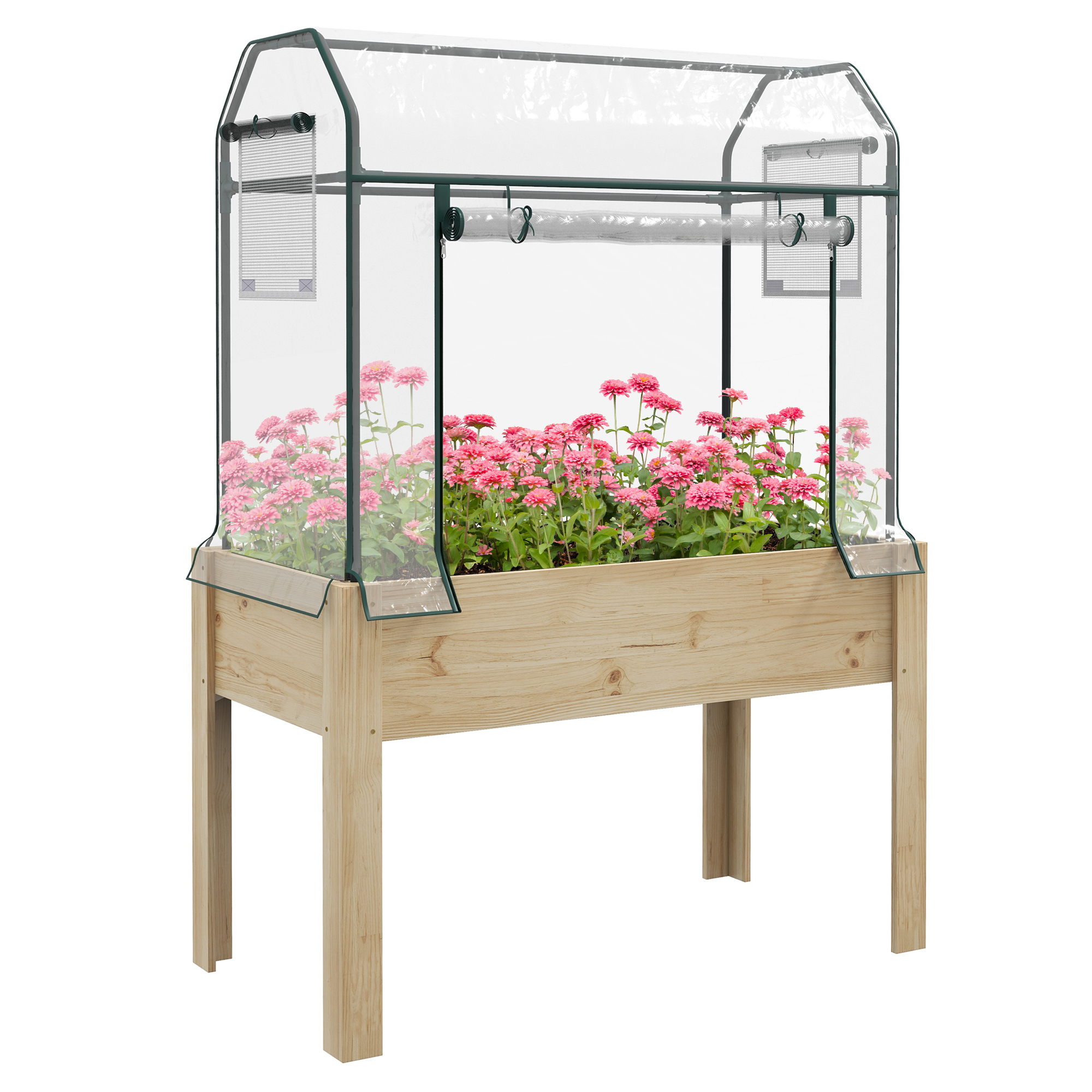 Wooden Planter Box with Greenhouse Cover and Bed Liner, Raised Garden Bed for Vegetables, Flowers, Herbs - Life Essentials