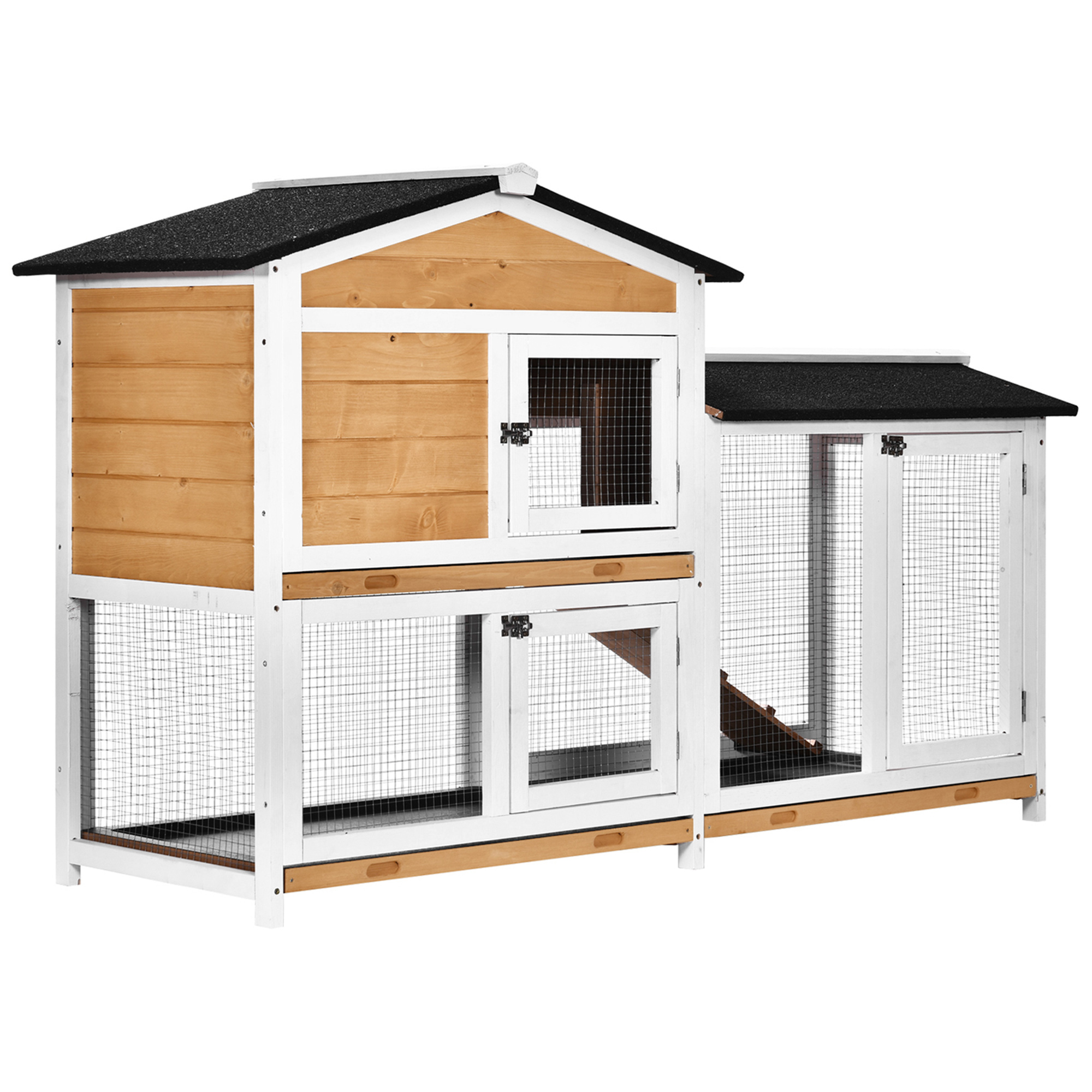 2-Tier Rabbit Hutch Wooden Guinea Pig House Pet Cage Outdoor w/ Sliding-out Tray Ramp, 157.4x53x93.5cm, Yellow - Life Essentials