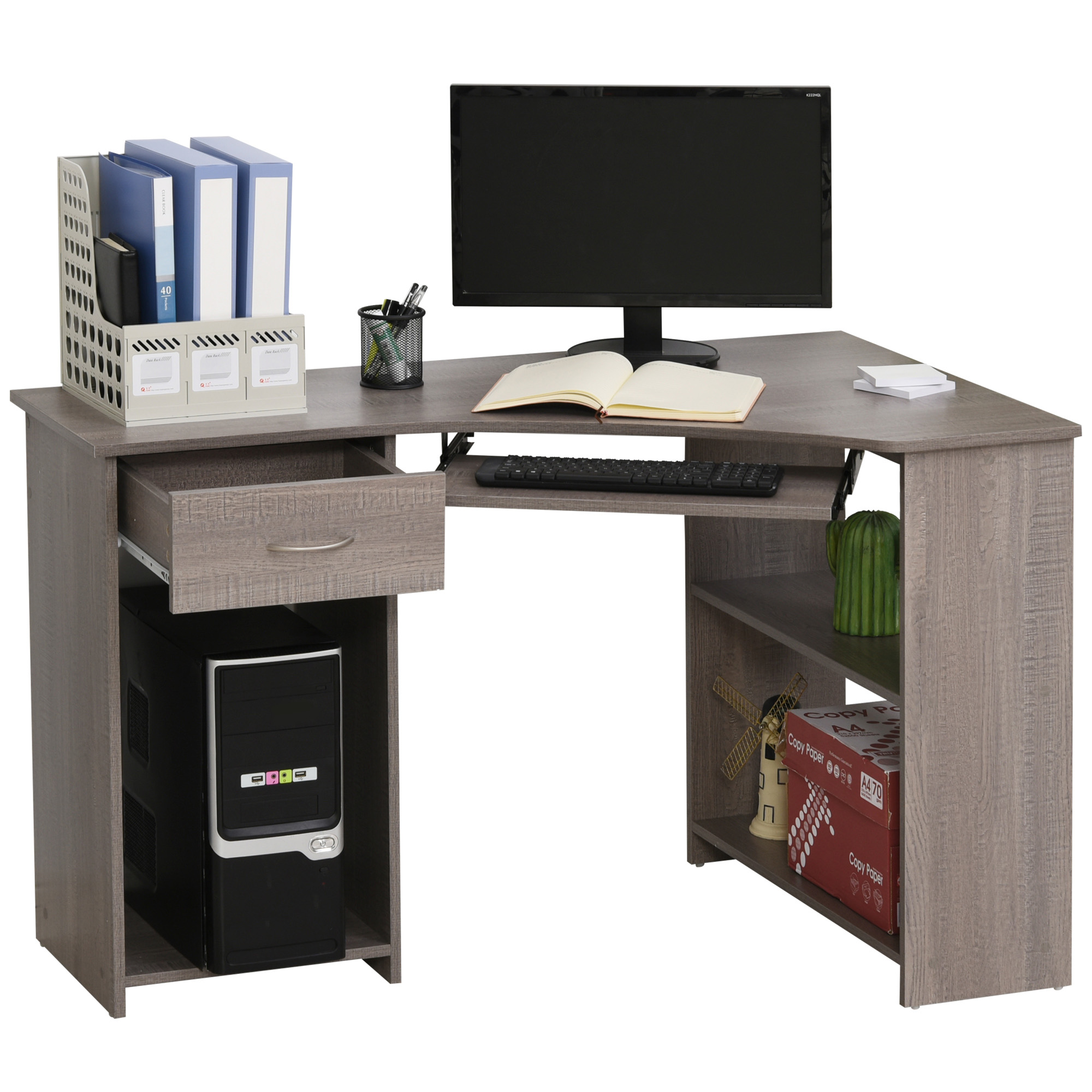 L-Shaped Corner Computer Desk w/ 2 Shelves Wide Worktop Keyboard Tray Drawer & CPU Stand Home Office Study Bedroom Furniture Grey - Life Essentials