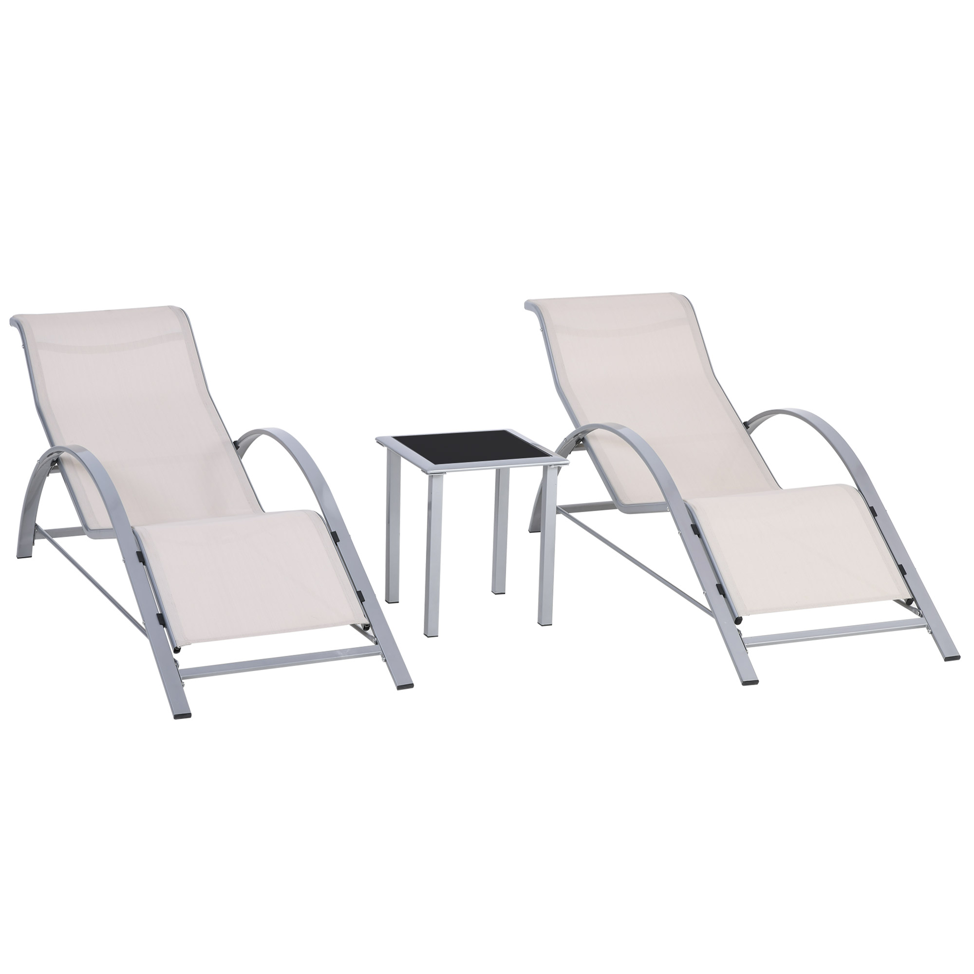 3 Pieces Lounge Chair Set Metal Frame Garden Outdoor Recliner Sunbathing Chair with Table, Cream - Life Essentials