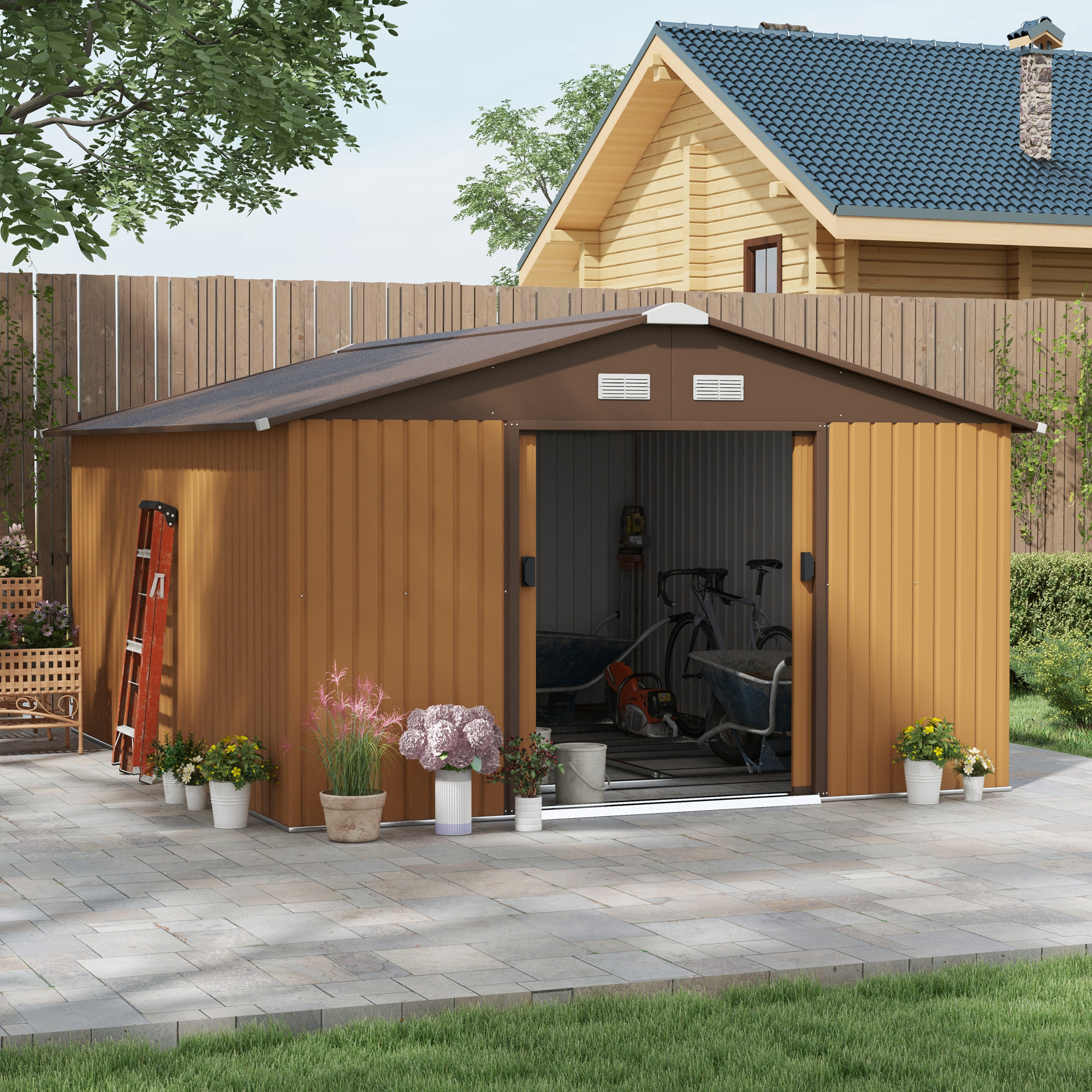 13 x 11 ft Metal Garden Shed Large Patio Roofed Tool Storage Box with Foundation Ventilation and Sliding Doors, Yellow - Life Essentials