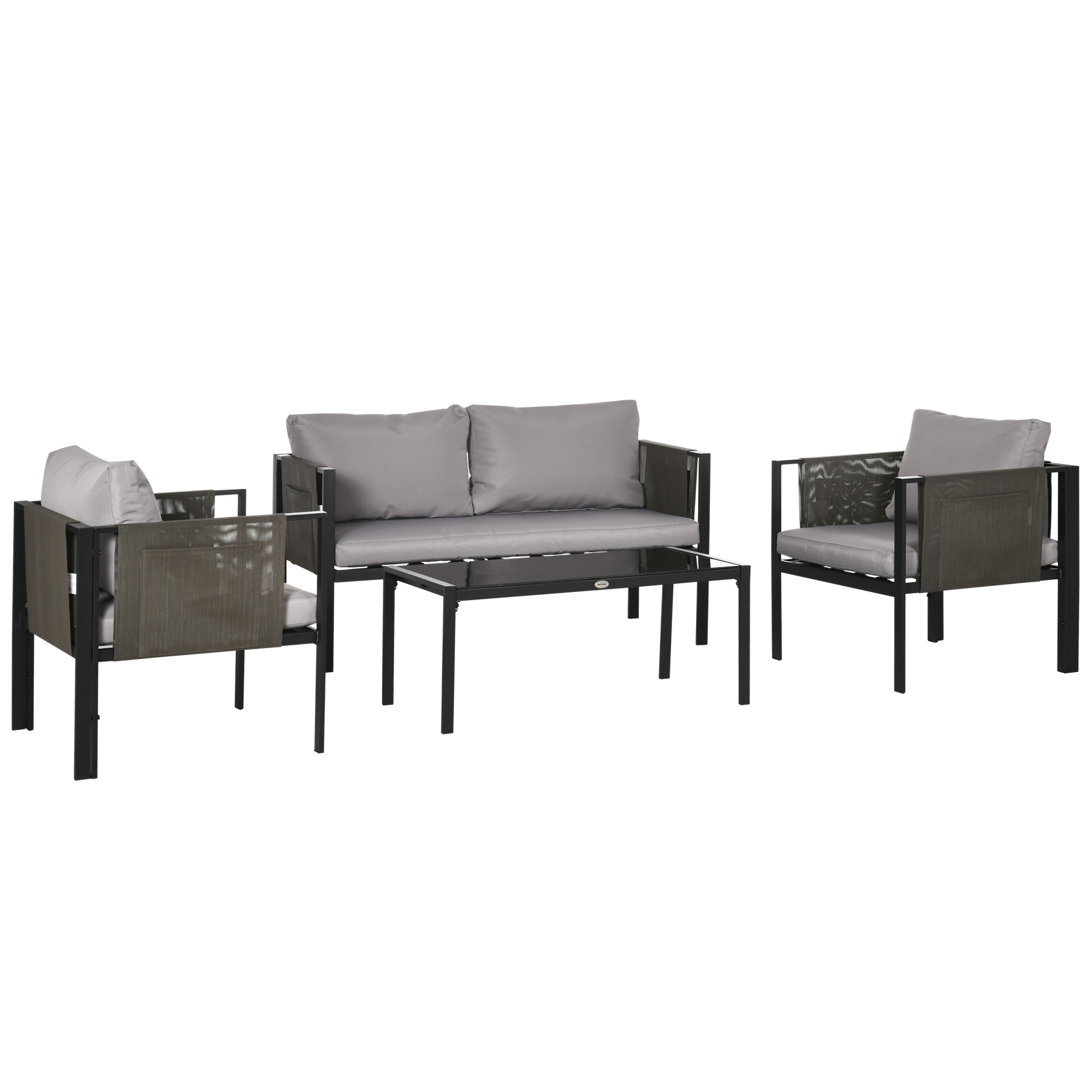 4 Piece Metal Garden Furniture Set with Tempered Glass Coffee Table, Patio Set Loveseat, Single Armchairs with Padded Cushions, Light Grey - Life 