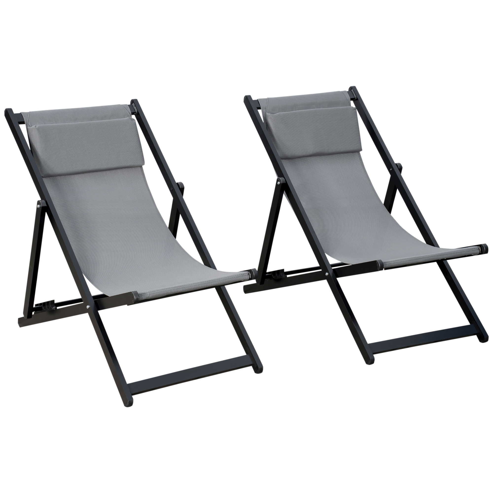 Set of 2 Folding Garden Beach Aluminium Frame Deck Chairs Deckchairs Seaside Folding Garden Patio Lounger, Grey - Life Essentials
