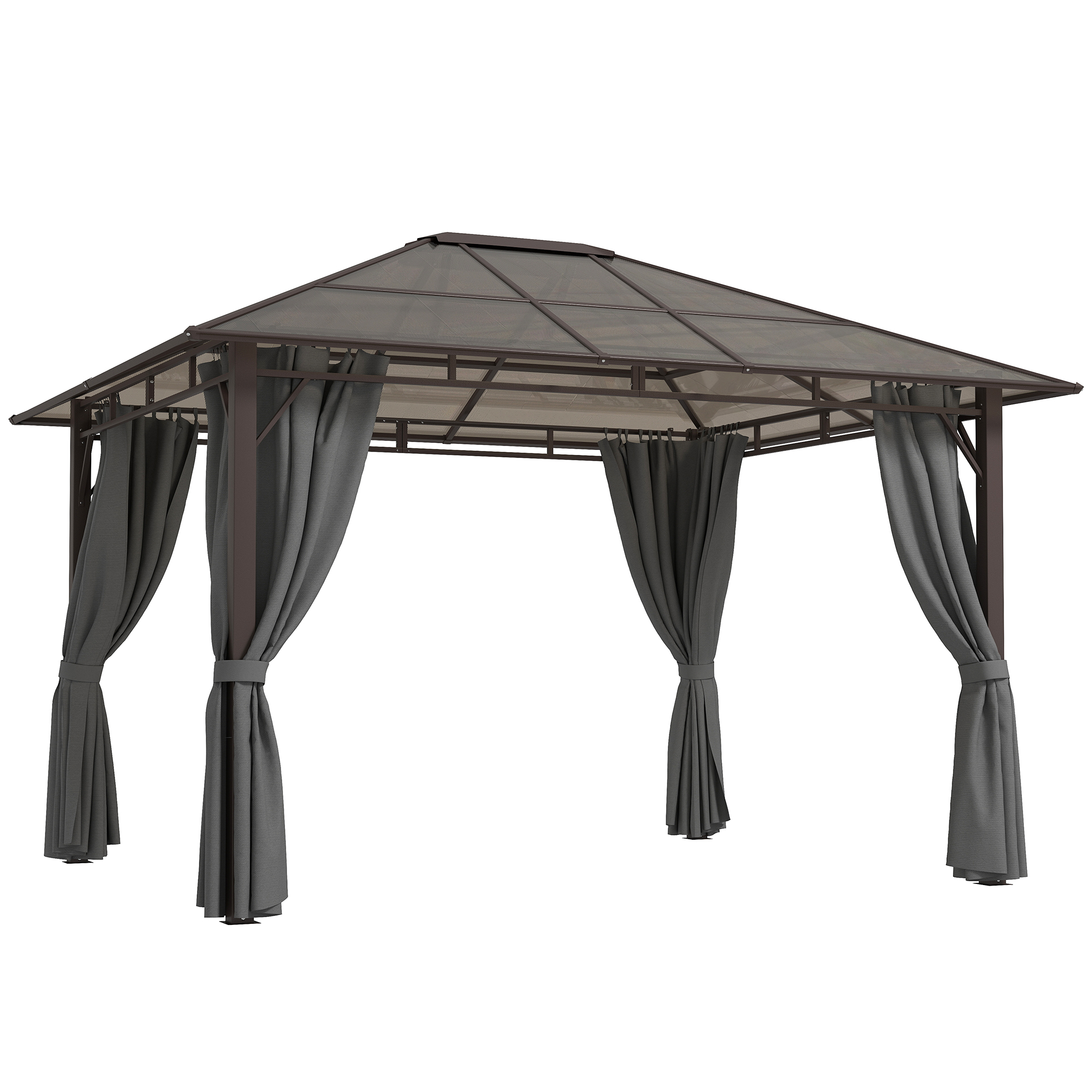 SUNVISTA 3 x 3.6m Hardtop Gazebo Canopy with Polycarbonate Roof Garden Pavilion with Removable Curtains and Steel Frame, Dark Grey - Life Essentials