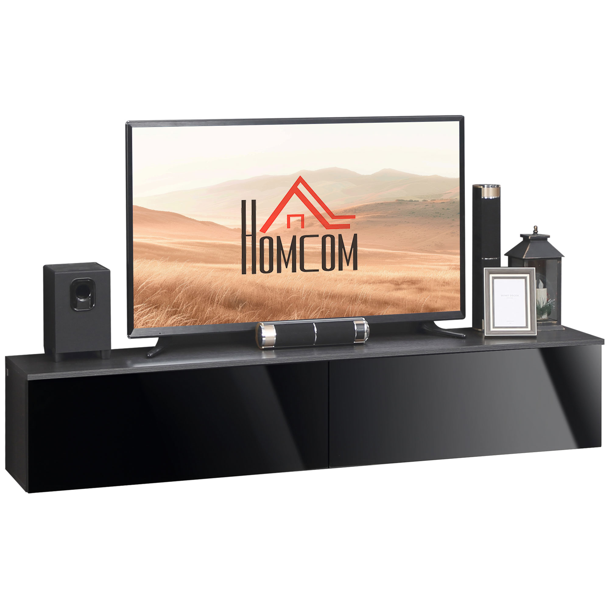 Floating TV Unit Stand for TVs up to 70" with High Gloss Effect, Wall Mounted Media Console with Storage Cupboards, Grey and Black - Life Essentials
