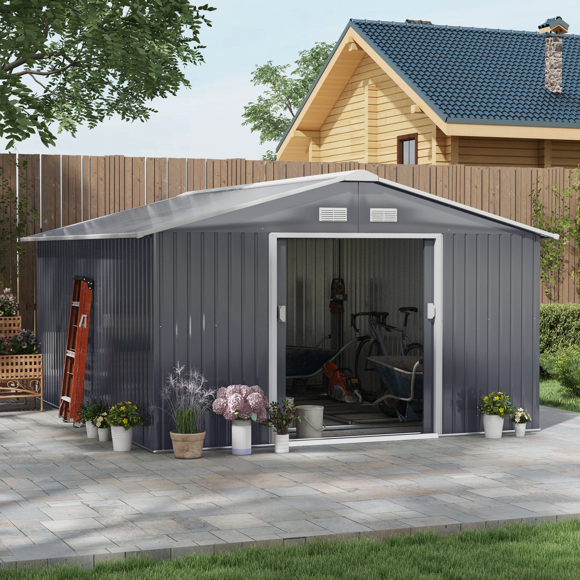 13 x 11FT Foundation Ventilation Steel Outdoor Garden Shed Grey - Life Essentials