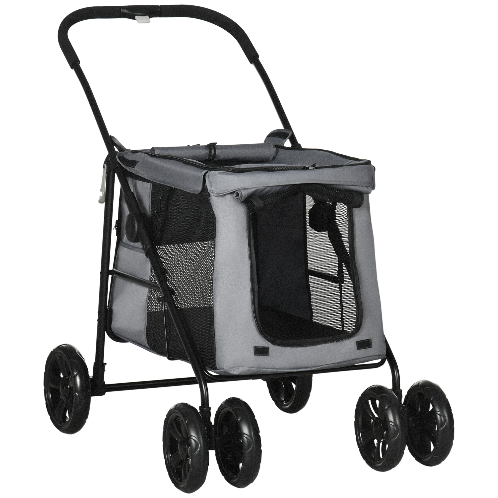 One Click Foldable Pet Stroller Dog Cat Travel Pushchair with EVA Wheels Storage Bags Mesh Windows Safety Leash Cushion for Small Pets Grey - Life 