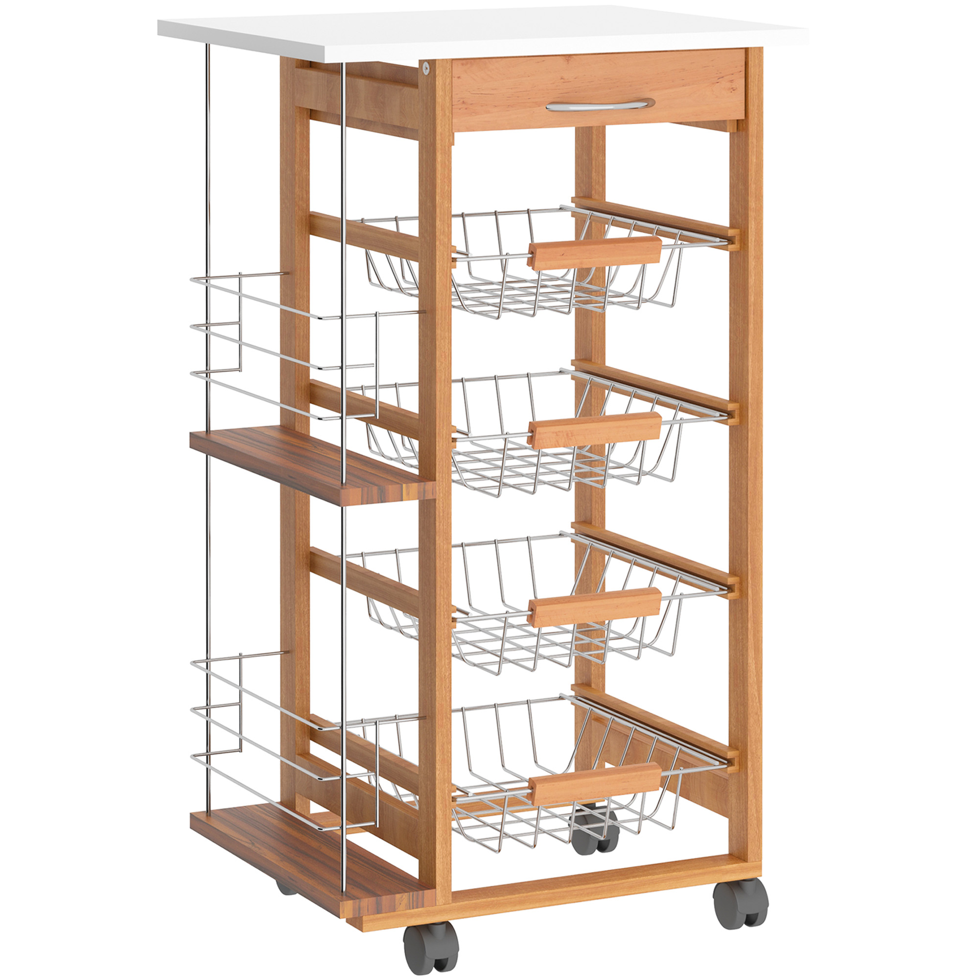 Rolling Kitchen Cart, Utility Storage Cart with 4 Basket Drawers & Side Racks, Wheels for Dining Room, Brown - Life Essentials