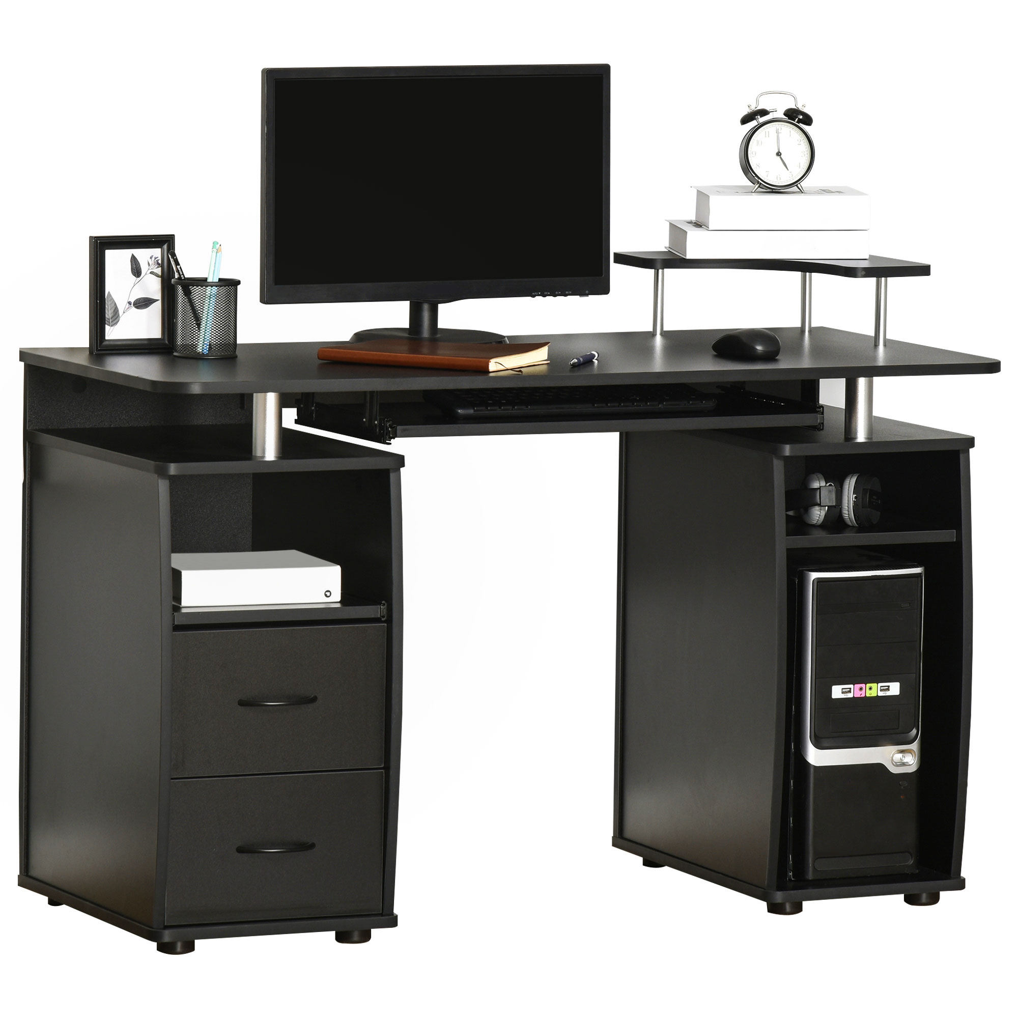 Computer Desk Office PC Table Workstation with Keyboard Tray, CPU Shelf, Drawers, Sliding Scanner Shelf, Black - Life Essentials