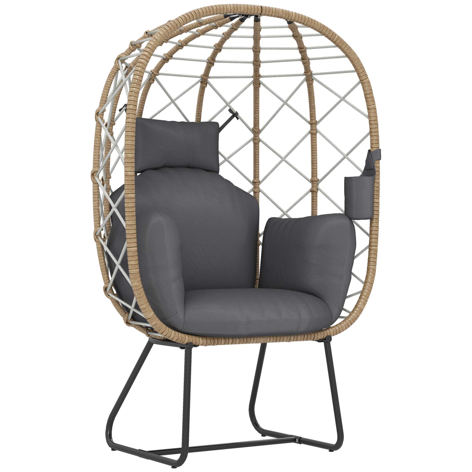 SUNVISTA Rattan Egg Chair Outdoor Indoor Wicker Chair with Thickened Cushion and Headrest, Standing Garden Egg Chair with Cup Holder, Brown - Life 