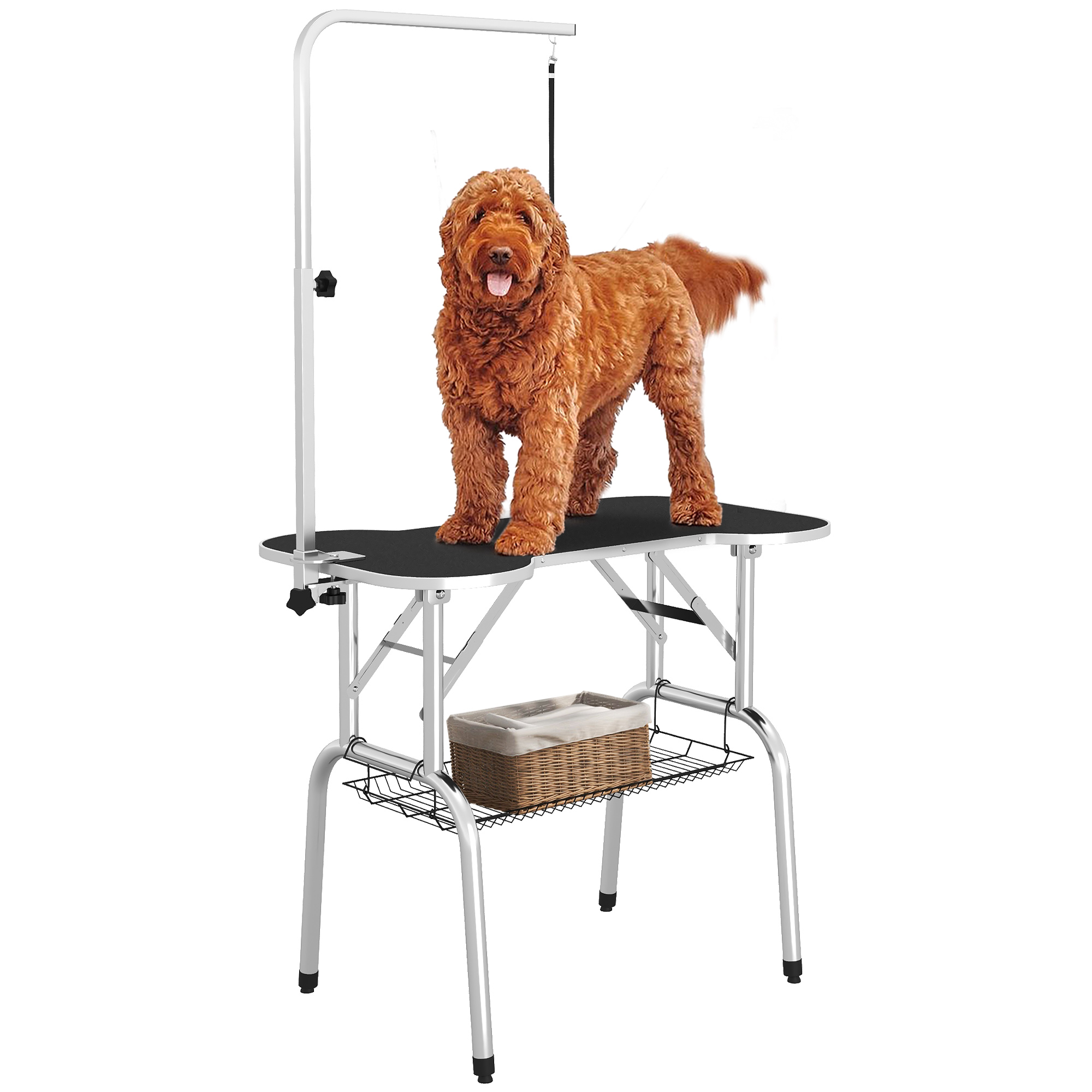 Foldable Pet Grooming Table Dog Drying Table with Adjustable Arm Non-Slip Rubber Tabletop Aluminium Alloy Edge Stainless Steel Bar Sling Black - Life 