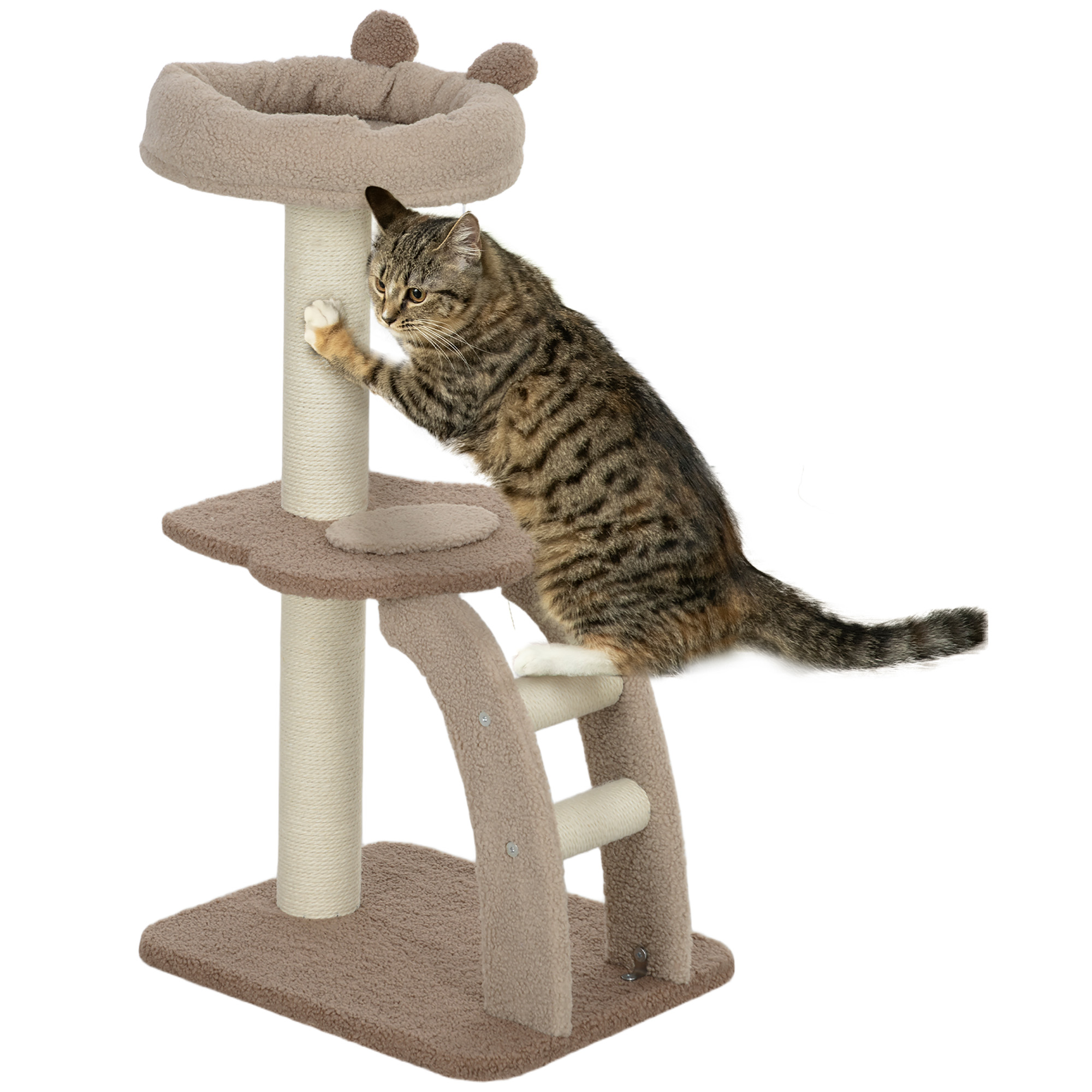 PAWSTER Cat Tee for Indoor Cats, 88cm Cat Tower with Sisal Scratching Post, Hanging Ball, Large Cat Perch, Stairs, Brown - Life Essentials