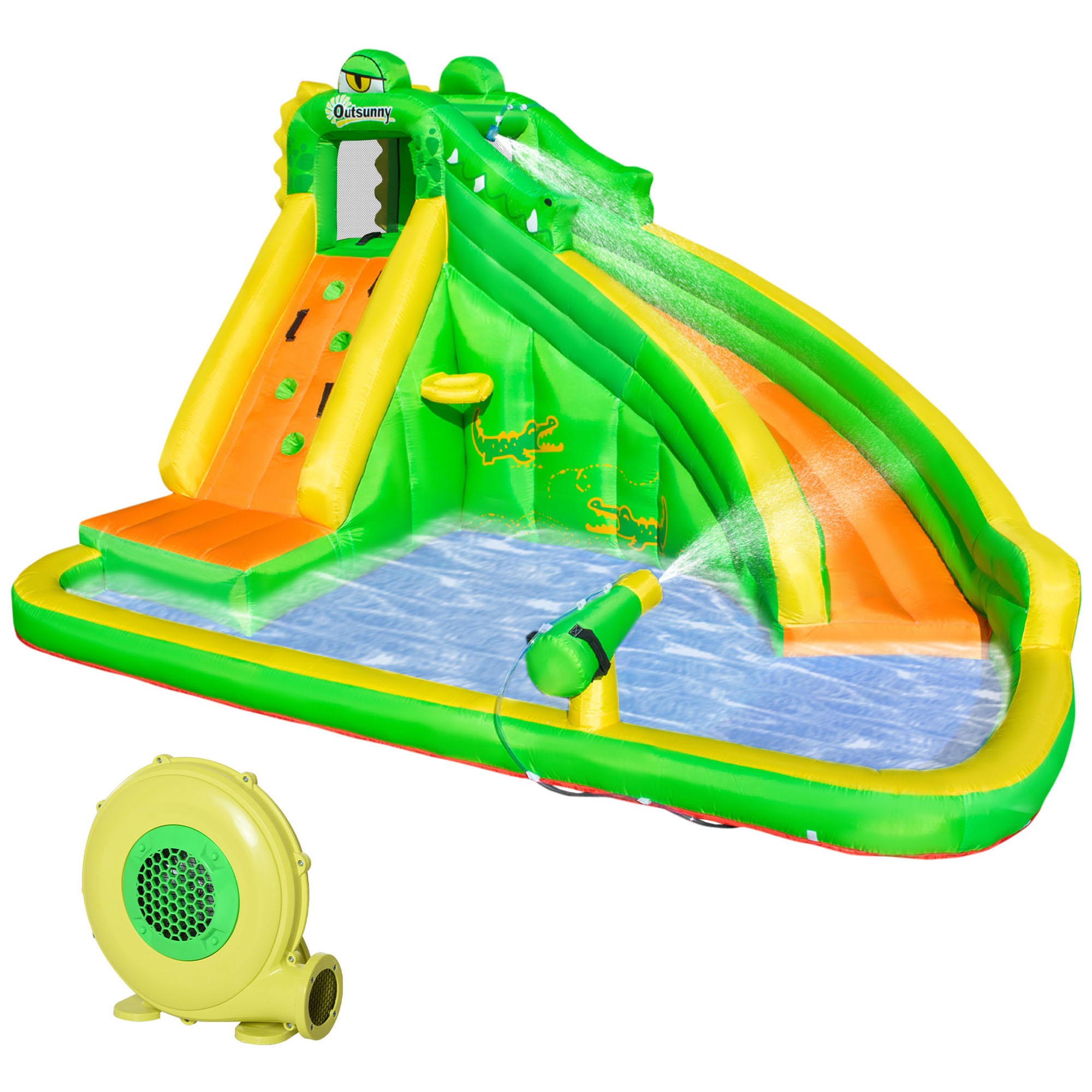 5 in 1 Kids Bouncy Castle Large Crocodile Style Inflatable House Slide Basket Water Pool Climbing Wall for Kids Age 3-8, 3.85 x 2.85 x 2.25m - Life 