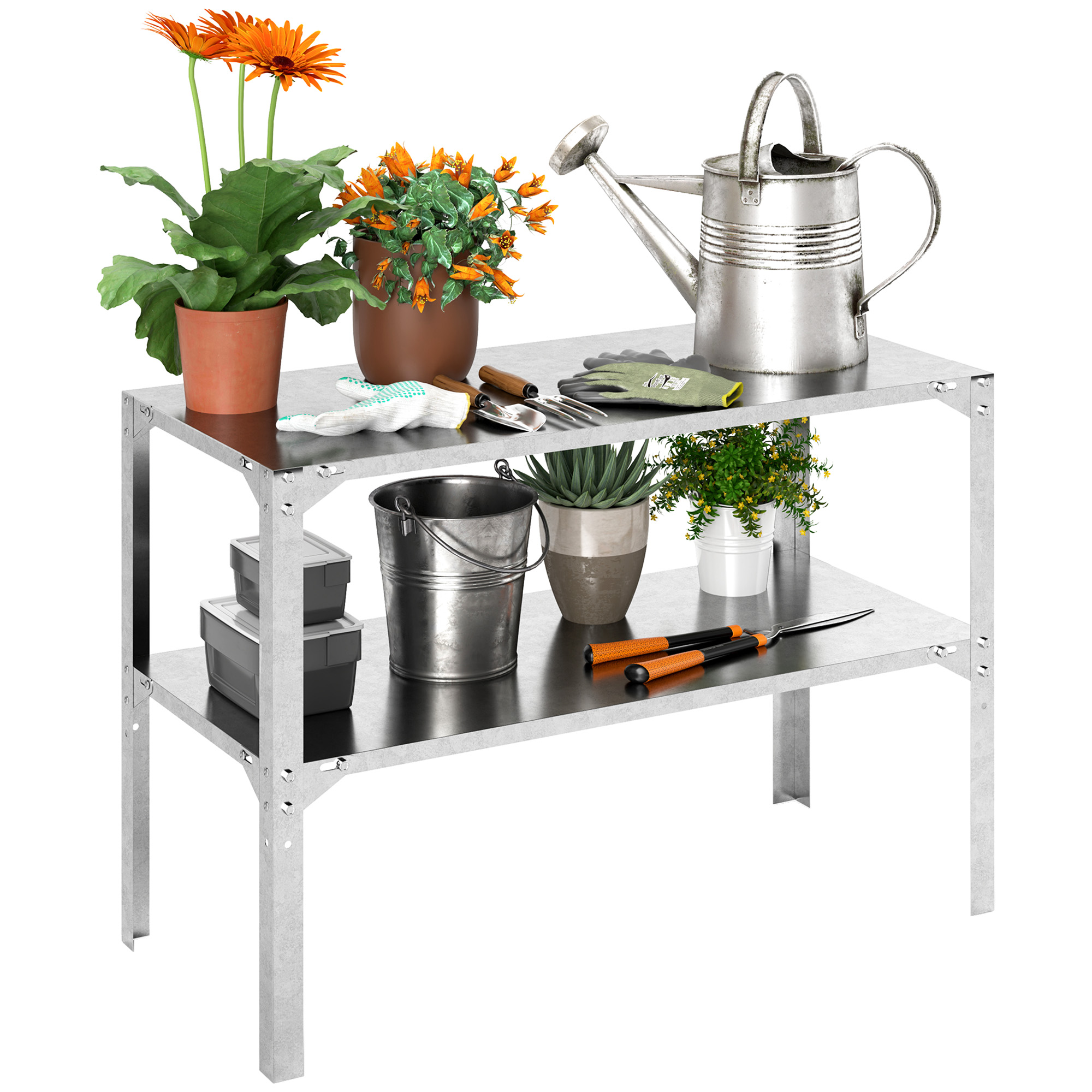 SUNVISTA 2 Tier Potting Bench Table, Galvanised Steel Garden Planting Work Bench Workstation with Storage Shelf for Outdoor, Patio, Silver Tone - Life