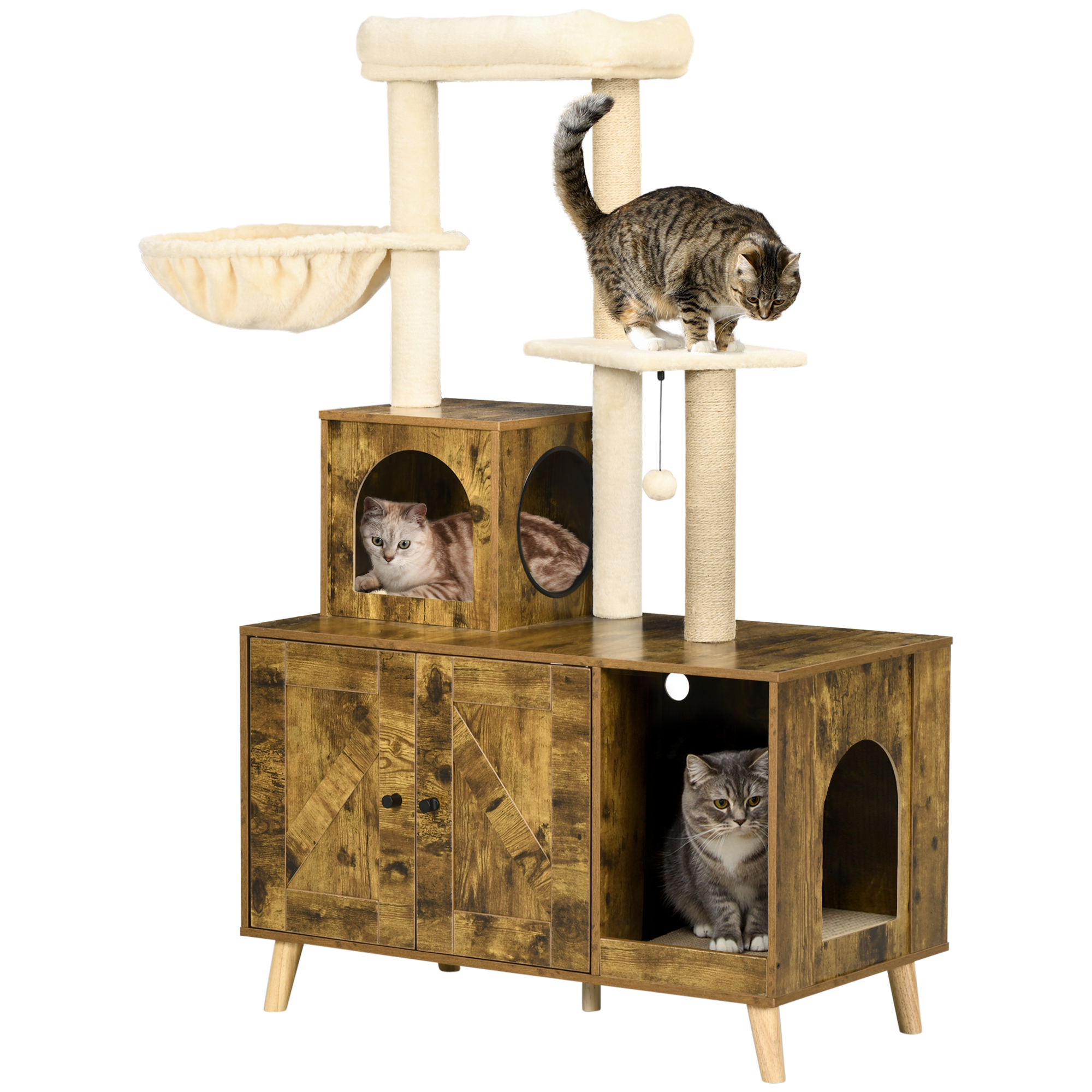 Cat Litter Box Enclosure, with Tree Tower, Cat House, Hammock, Cushion - Rustic Brown - Life Essentials