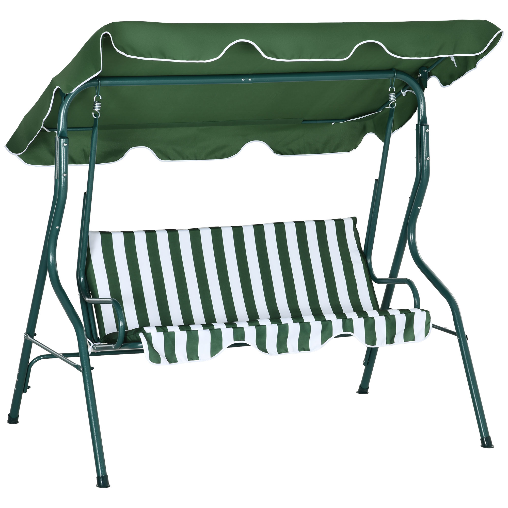 3 Seater Garden Swing Seat Chair Outdoor Bench with Adjustable Canopy and Metal Frame, Green Stripes - Life Essentials