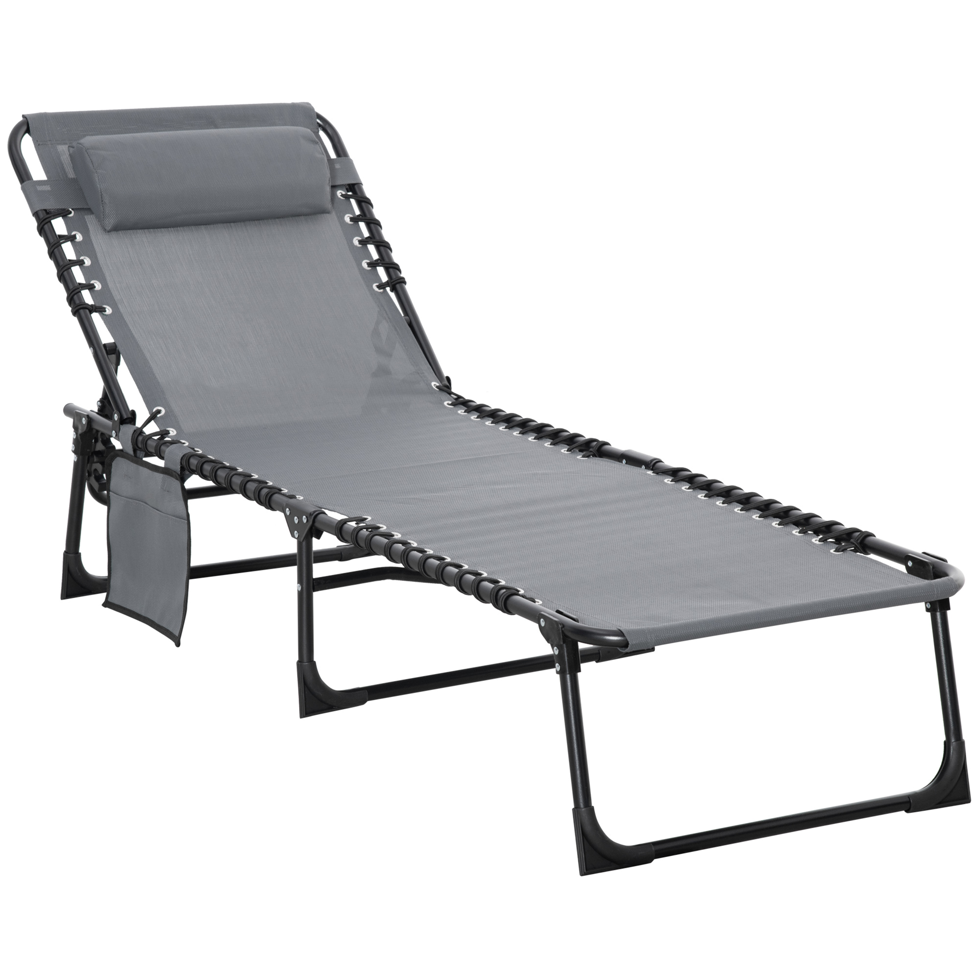 Portable Sun Lounger, Folding Camping Bed Cot, Reclining Lounge Chair 5-position Adjustable Backrest with Pillow for Patio Beach Pool, Grey - Life 