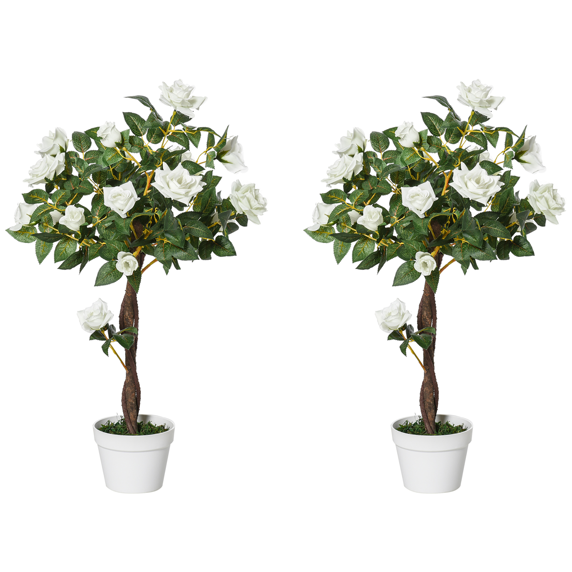 Set of 2 Artificial Plants White Rose Floral in Pot, Fake Plants for Home Indoor Outdoor Decor, 90cm - Life Essentials