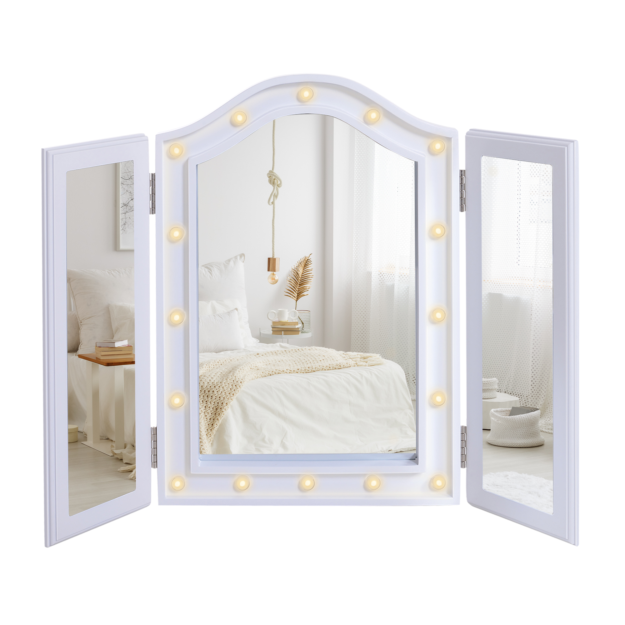 Trifold Freestanding Mirror, Lighted Tabletop Vanity Mirror Large Cosmetic w/16 LED Lights powered by batteries Foldable For Bedroom- White - Life 