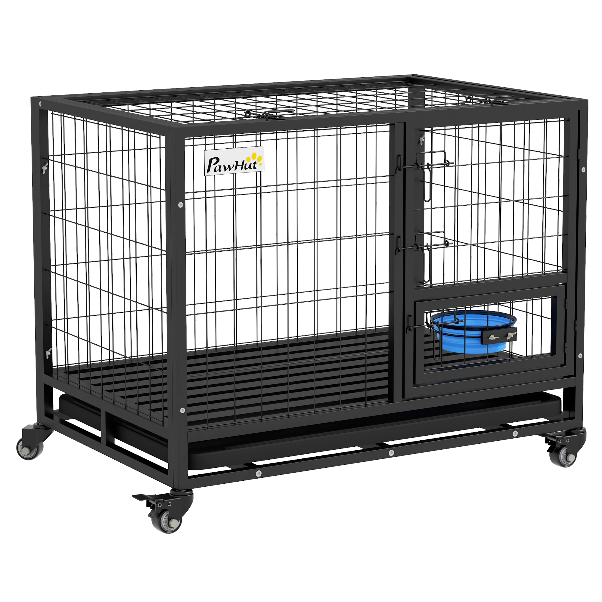 Heavy Duty Dog Crate on Wheels w/ Bowl Holder, Removable Tray, Detachable Top, Double Doors for L, XL Dogs - Life Essentials
