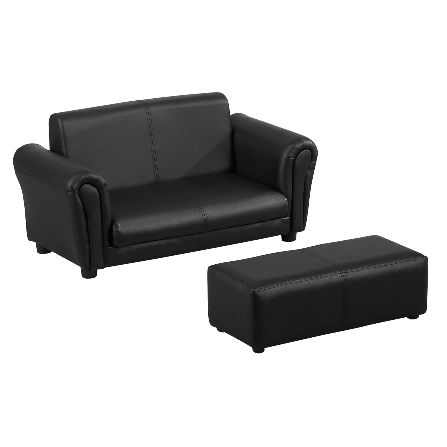 2 Seater Toddler Childrens Kids Twin Sofa Couch with Footstool - Black - Life Essentials