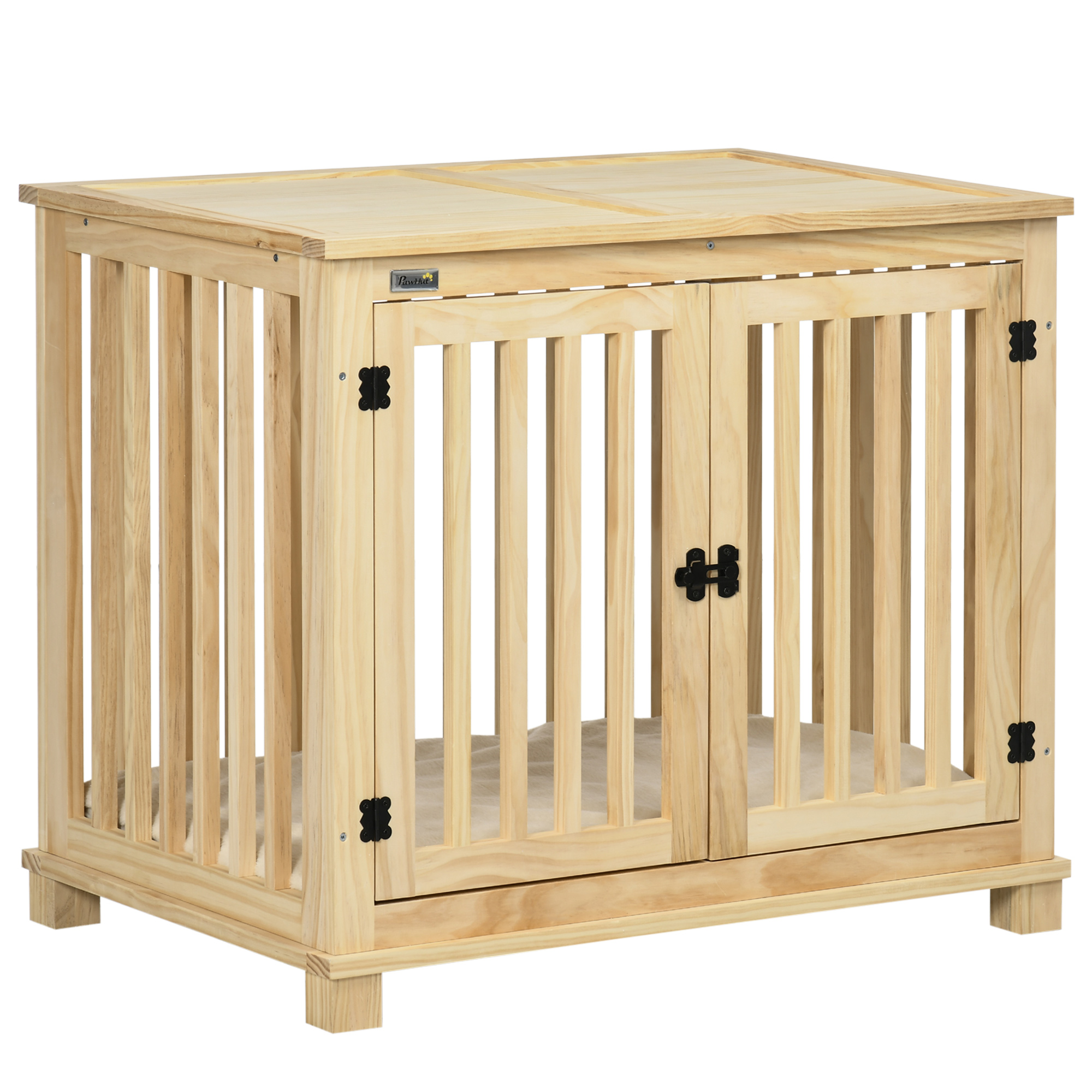 Wooden Dog Crate, with Double Doors, Cushion, for Medium Dogs - Natural Finish - Life Essentials