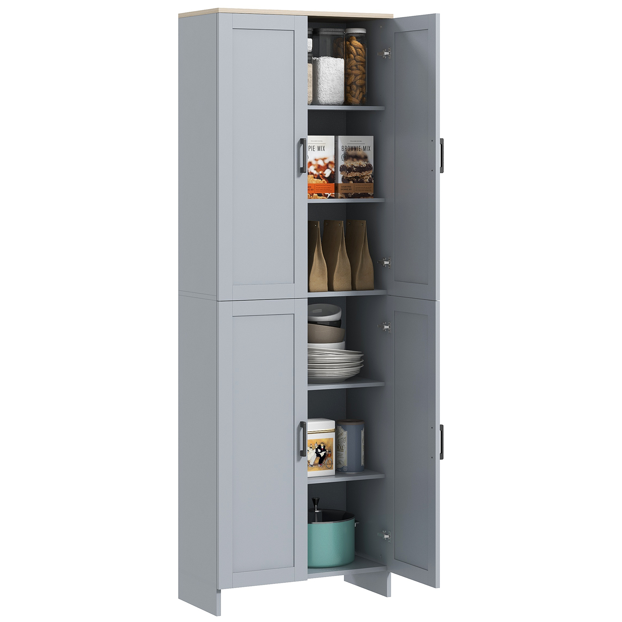 HERON Freestanding Kitchen Cupboard, 4-Door Storage Cabinet Organizer with Adjustable Shelves Grey - Life Essentials