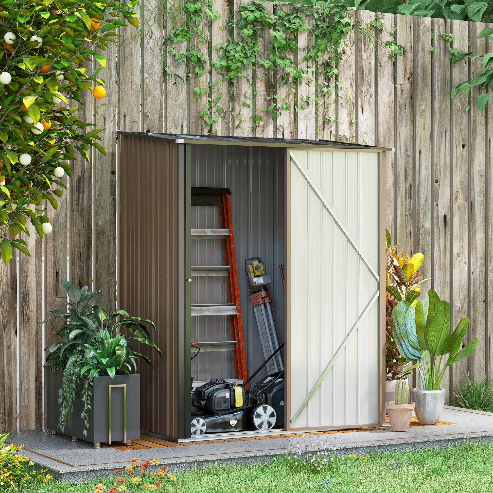 5.3ft x 3.1ft Outdoor Storage Shed, Garden Metal Storage Shed with Single Lockable Door, Tool Storage Shed for Backyard, Patio, Lawn, Brown - Life 