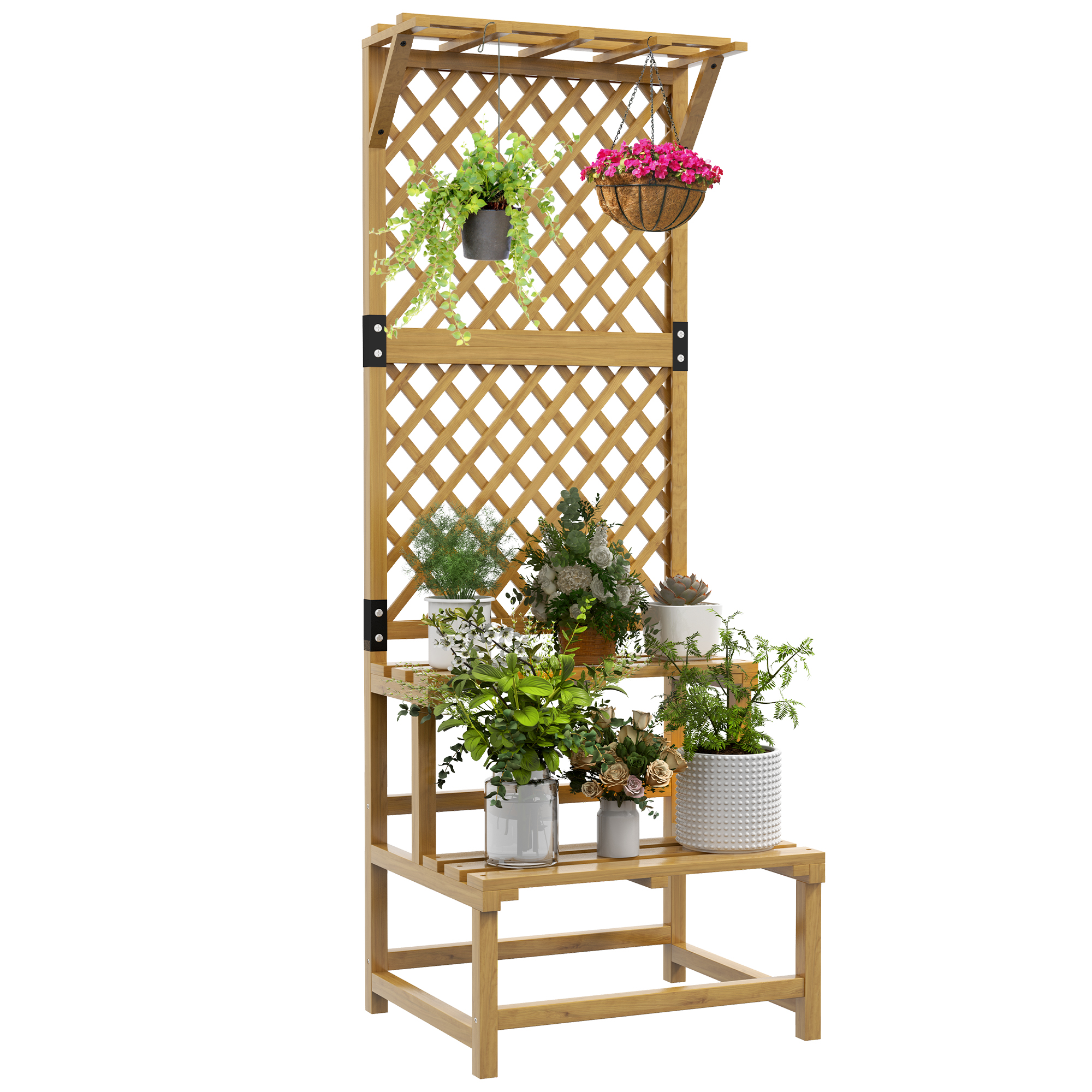 SUNVISTA Wooden Plant Stand, with Trellis - Natural Finish - Life Essentials