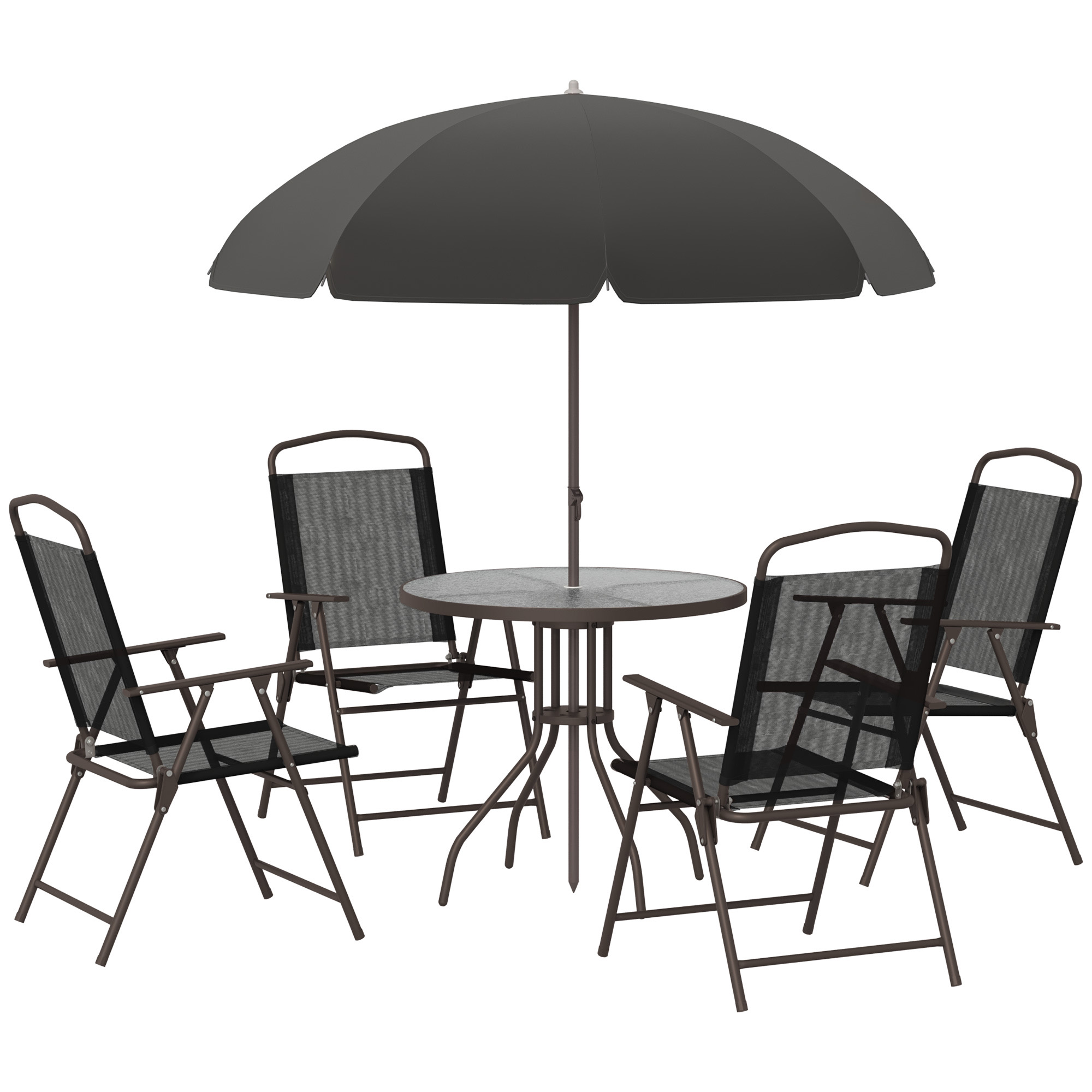 6 PCs Garden Patio Furniture Set Bistro Set Texteline Folding Chairs +Table +Parasol (Black) - Life Essentials