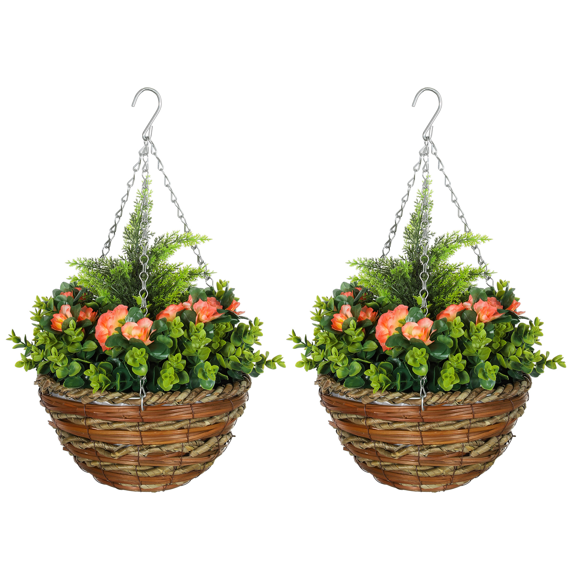 SUNVISTA Pack of 2 Faux Plant Artificial Lisianthus Flowers Hanging Planter with Basket for Indoor Outdoor Decoration, Orange - Life Essentials