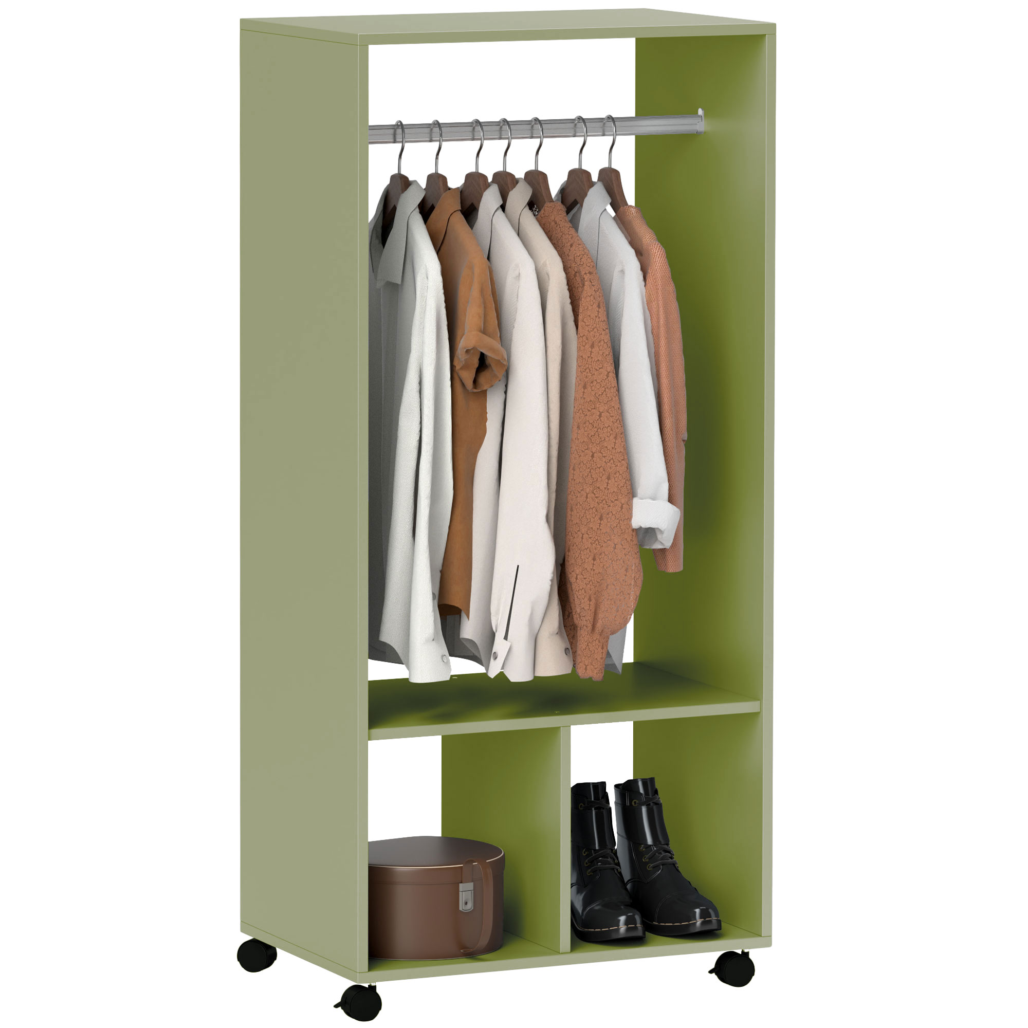 HERON Open Wardrobe on Wheels, Bedroom Wardrobe with Clothes Hanging Rail, 2 Storage Shelves, Mobile Garment Rack for Cloakroom, Hallway, Green - Life