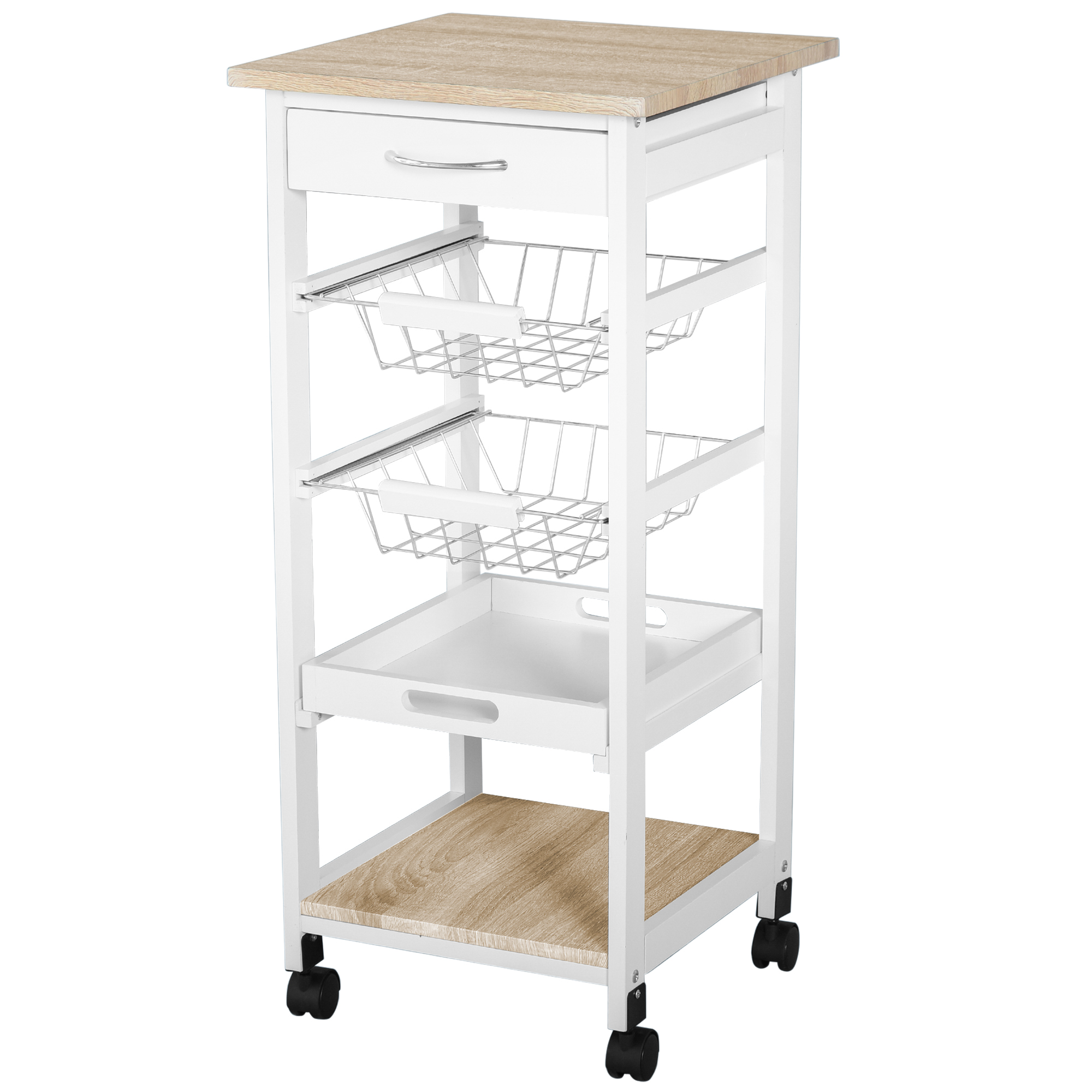 Mobile Rolling Kitchen Island Trolley for Living room, Serving Cart with Drawer & Basket, White - Life Essentials