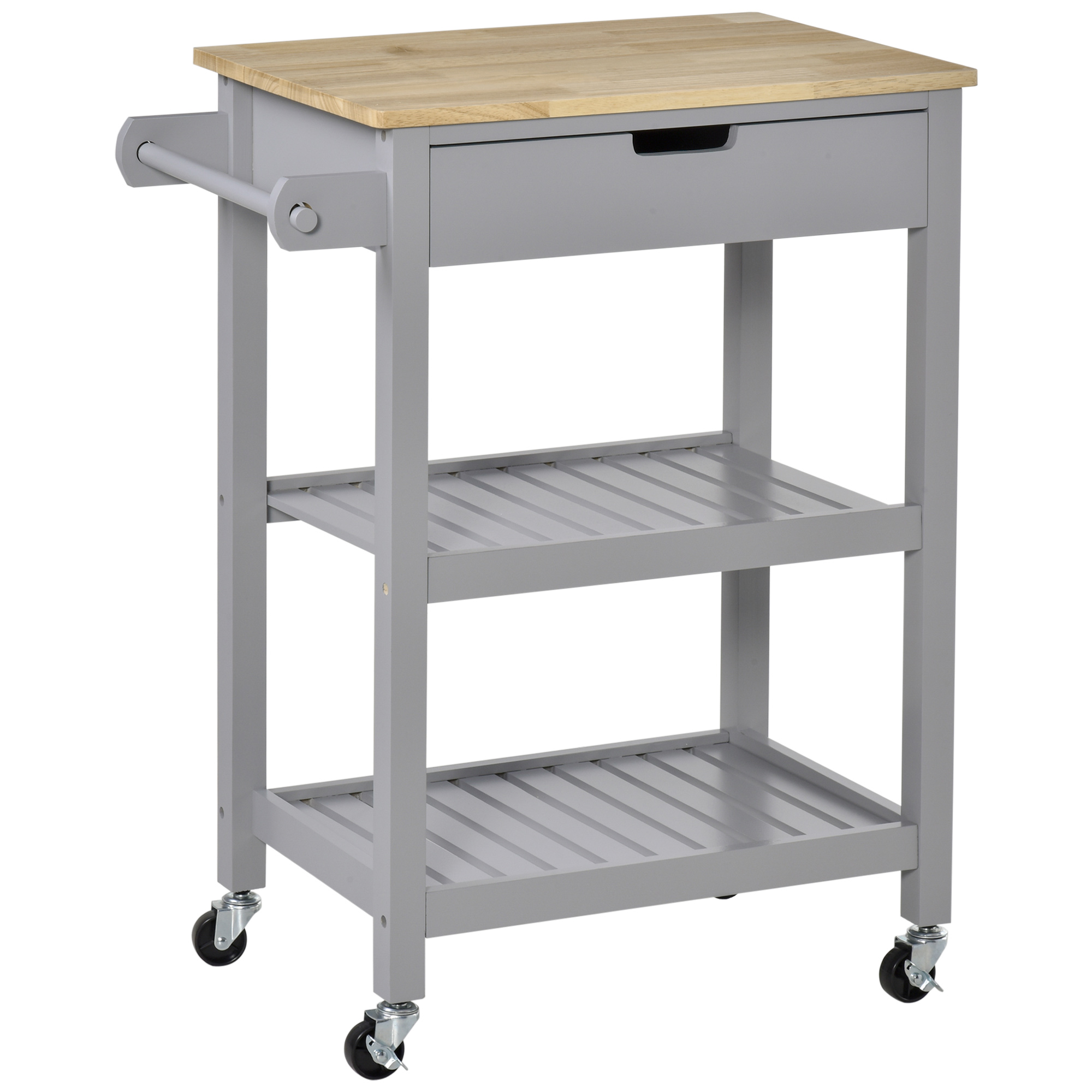 Kitchen Trolley Utility Cart on Wheels with Rubberwood Worktop, Towel Rack, Storage Shelves & Drawer for Dining Room, Grey - Life Essentials