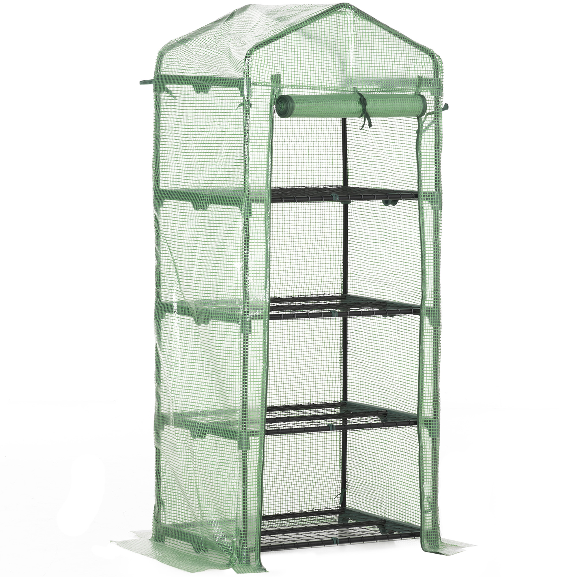 4 Tier Mini Greenhouse, Portable Green House with Steel Frame, PE Cover, Roll-up Door, 70 x 50 x 160 cm, Green - Life Essentials