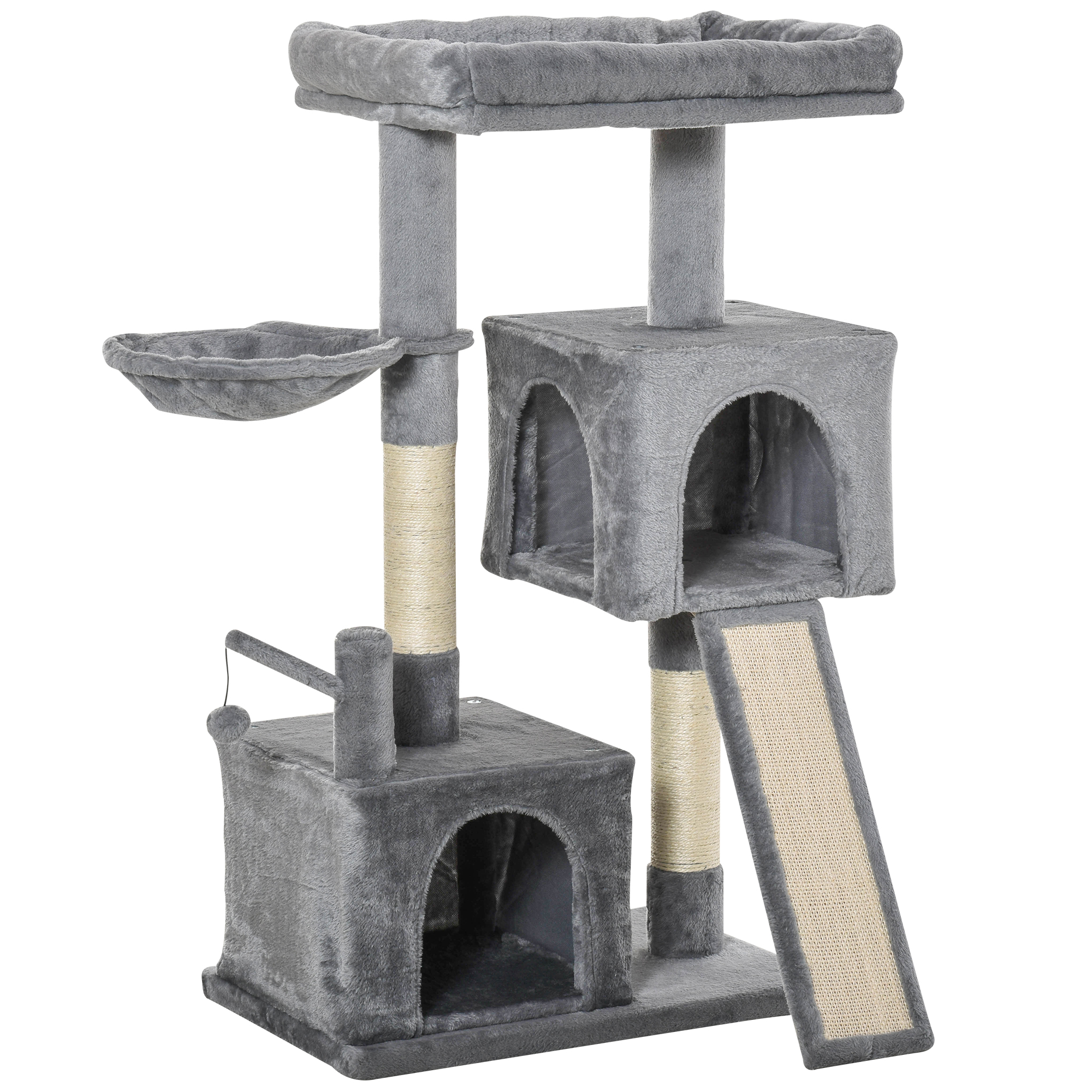 Cat tree Tower 111cm Climbing Kitten Activity Centre with Sisal Scratching Post Pad Perch Hanging Ball Hammock Condo Toy Grey - Life Essentials