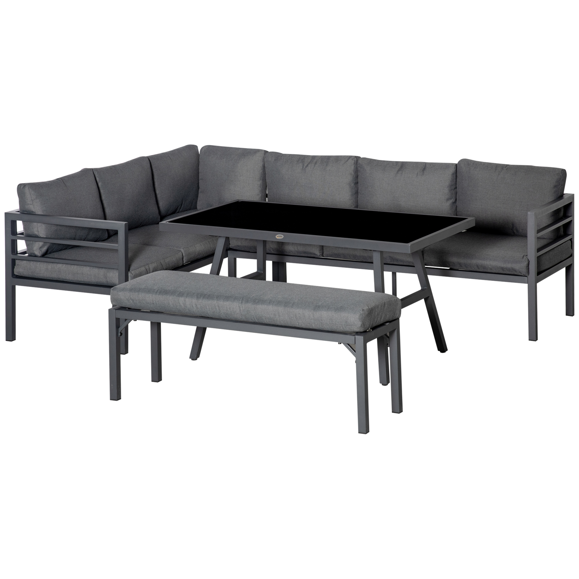 4 Piece L Shaped Garden Furniture Set 8 Seater Aluminium Conversation Sofa Set w/ Bench, and Cushions - Grey - Life Essentials