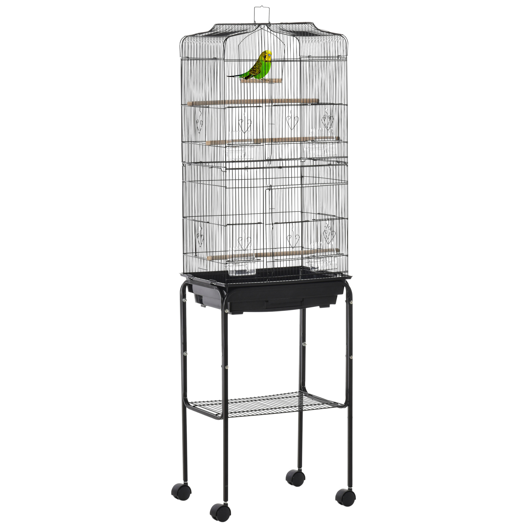 Bird Cage Budgie Cages for Finch Canary Parakeet with Stand Wheels Slide-out Tray Accessories Storage Shelf, Black 36 x 46.5 x 157 cm - Life 