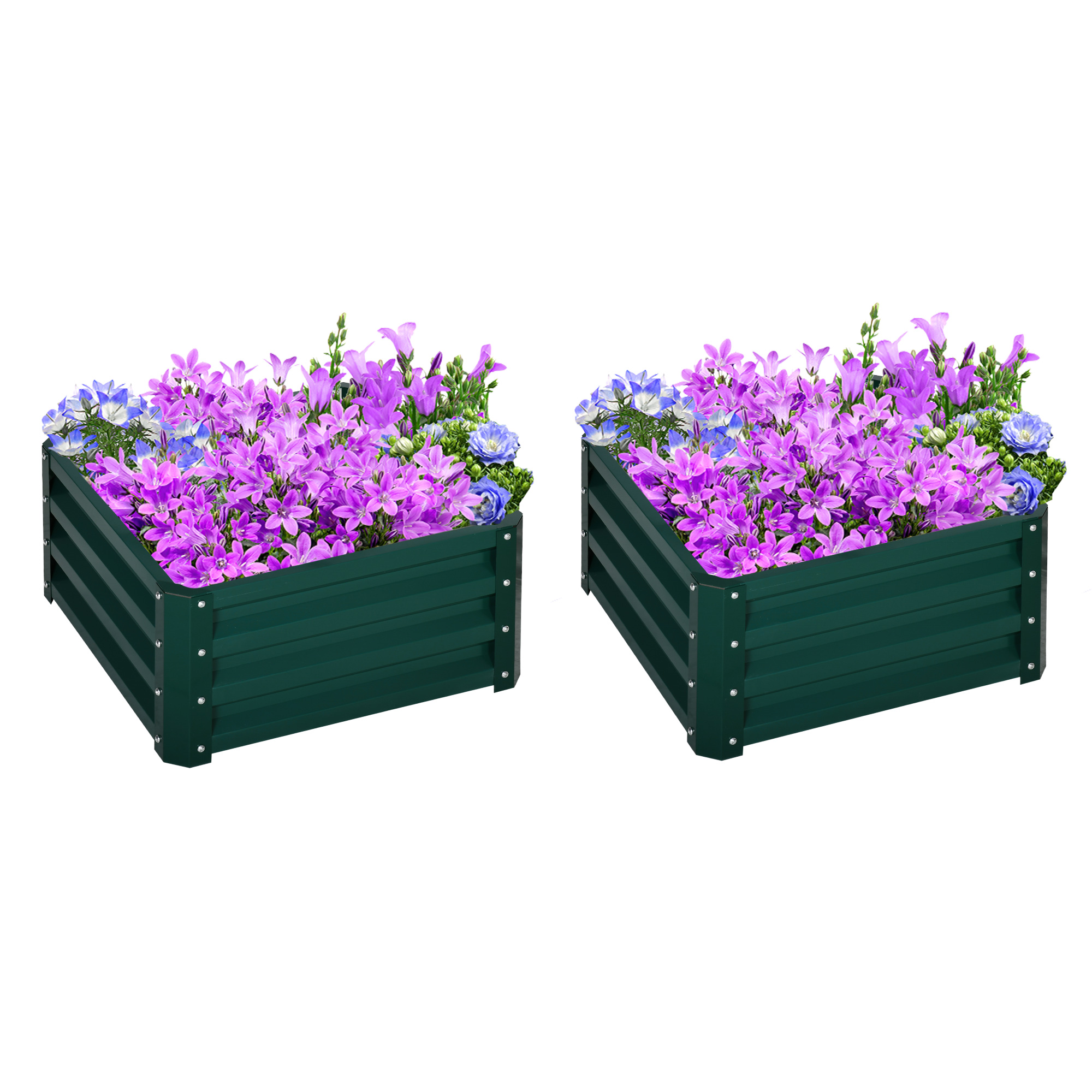 Set of 2 Raised Garden Bed, Outdoor Elevated Galvanised Planter Box for Flowers, Herbs, 60x60x30.5cm, Green - Life Essentials