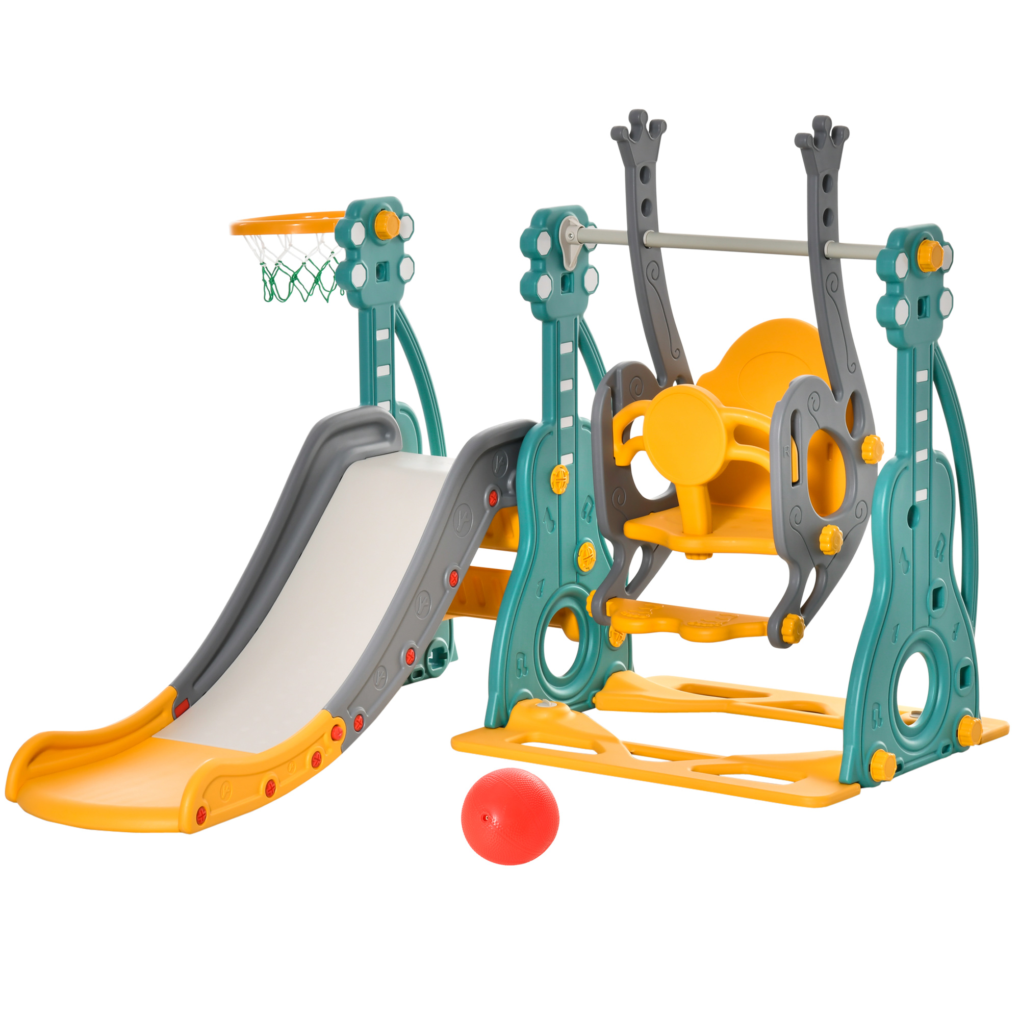 3-IN-1 Kids Swing and Slide Set with Basketball Hoop Slide Swing Adjustable Seat Height Toddler Playground Activity Center Indoor and Outdoor - Life 