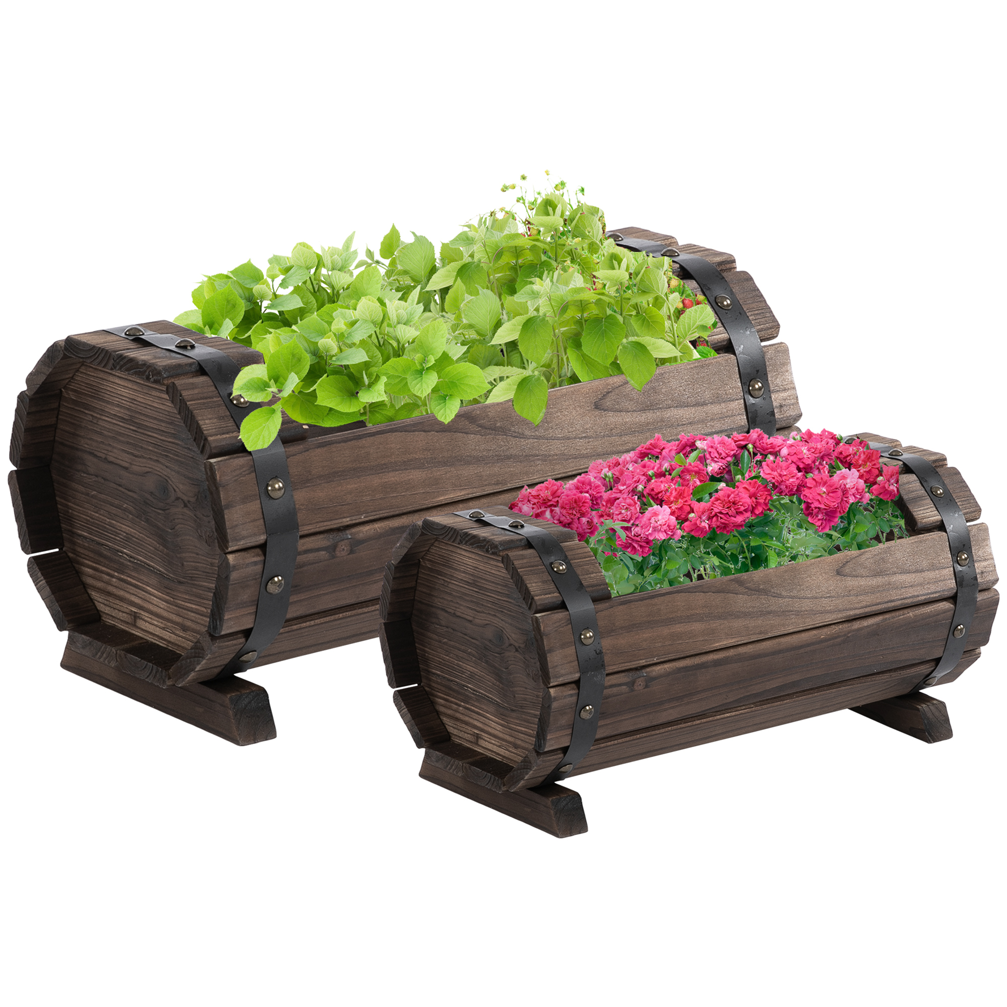 2PCs Wooden Planter Box Flower Plant Pot Outdoor & Indoor Flower Beds Plant Box with Solid Wood Carbonized Colour - Life Essentials