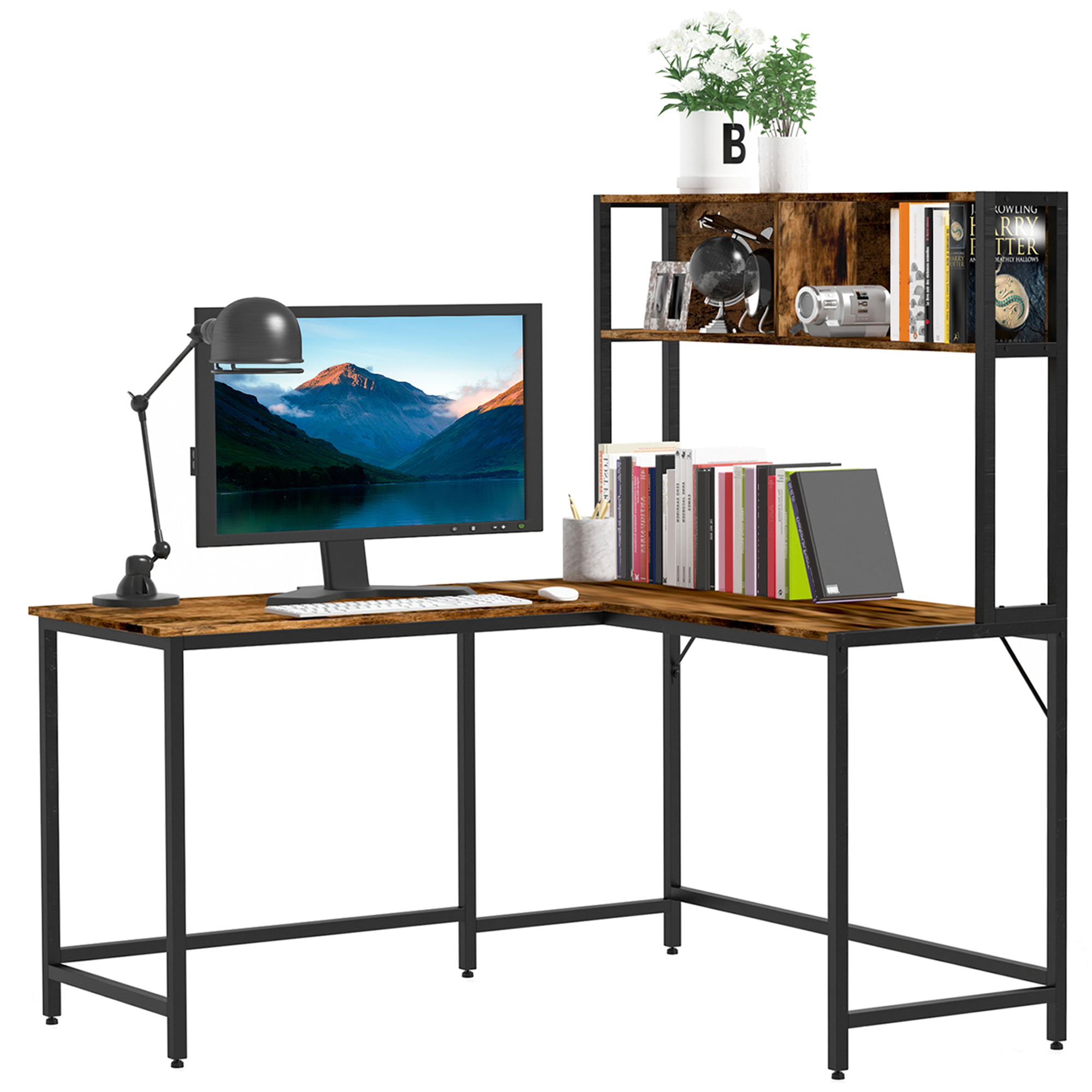 Industrial L-Shaped Work Desk & Storage Shelf Steel Frame Adjustable Feet Corner Workstation Home Office Study Stylish Brown Black - Life Essentials